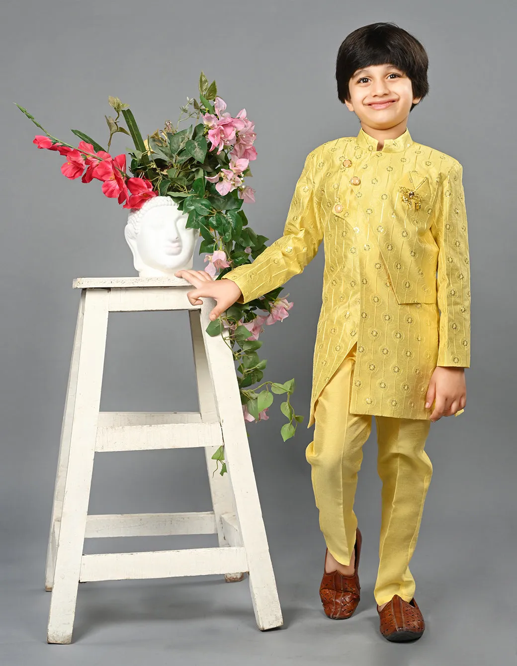 Ahhaaaa Kids Ethnic Silk Blend Indo-Western Sherwani Set For Boys