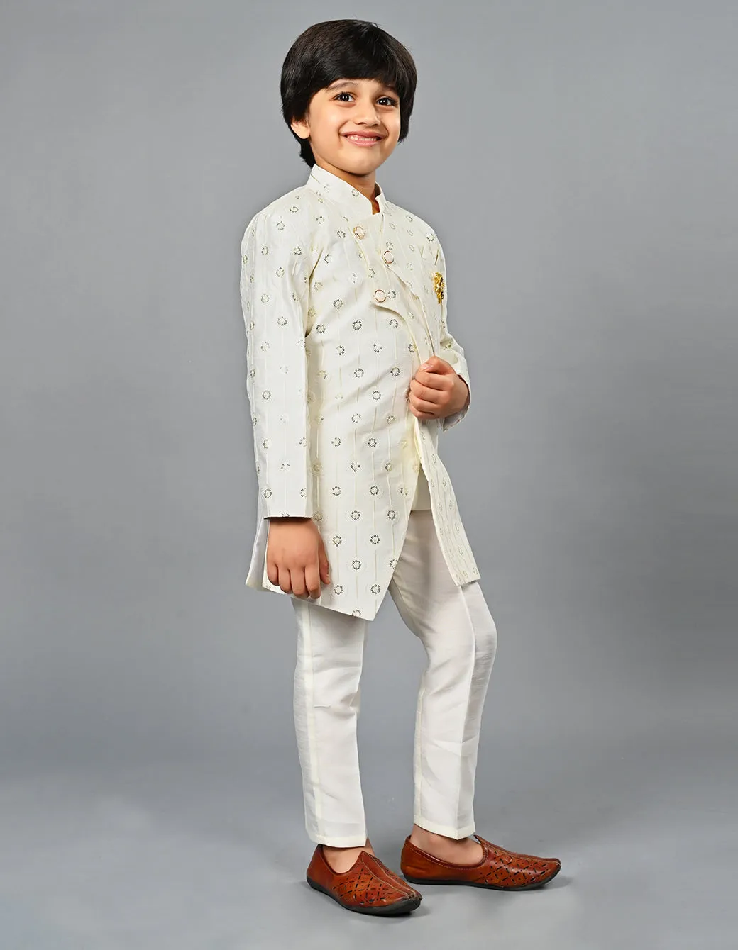 Ahhaaaa Kids Ethnic Silk Blend Indo-Western Sherwani Set For Boys