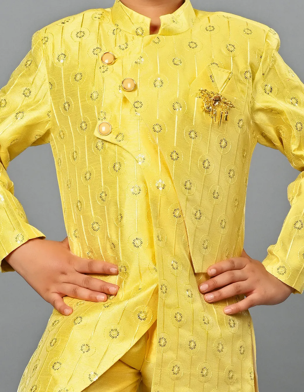 Ahhaaaa Kids Ethnic Silk Blend Indo-Western Sherwani Set For Boys