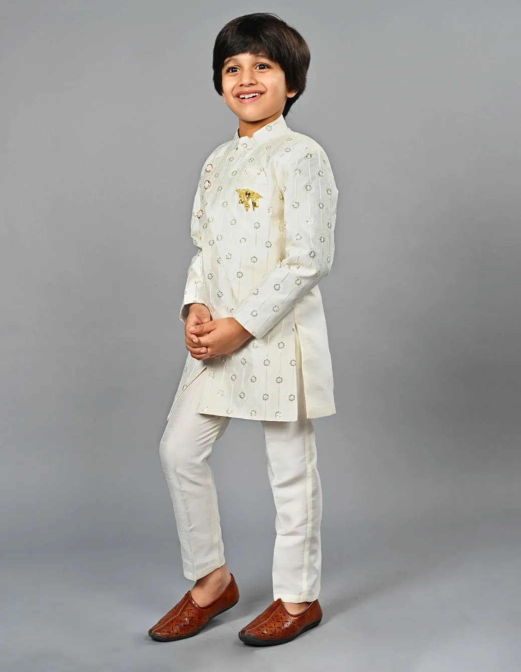 Ahhaaaa Kids Ethnic Silk Blend Indo-Western Sherwani Set For Boys