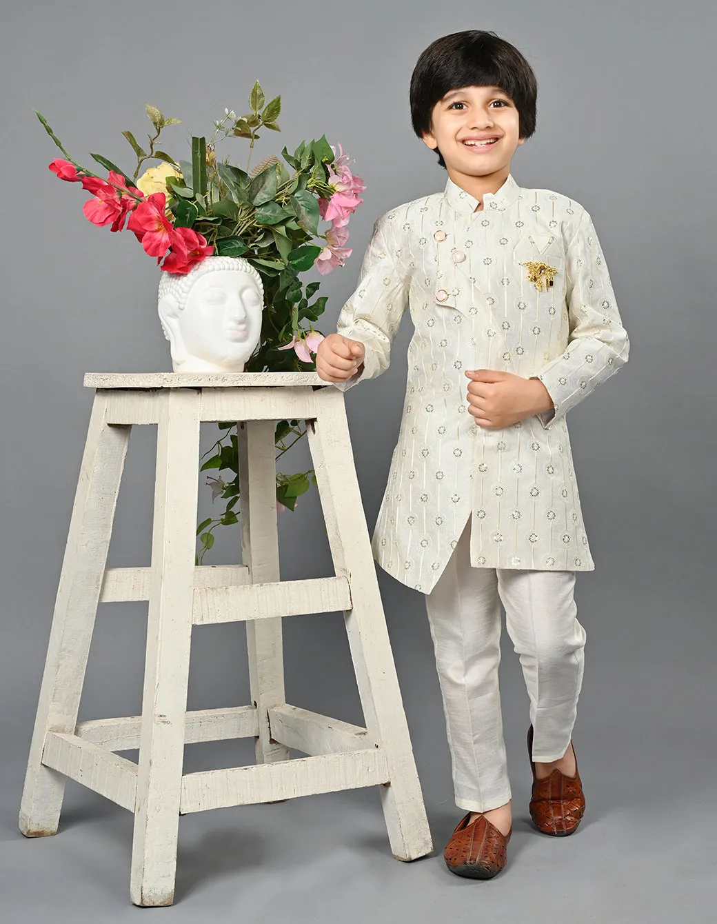 Ahhaaaa Kids Ethnic Silk Blend Indo-Western Sherwani Set For Boys