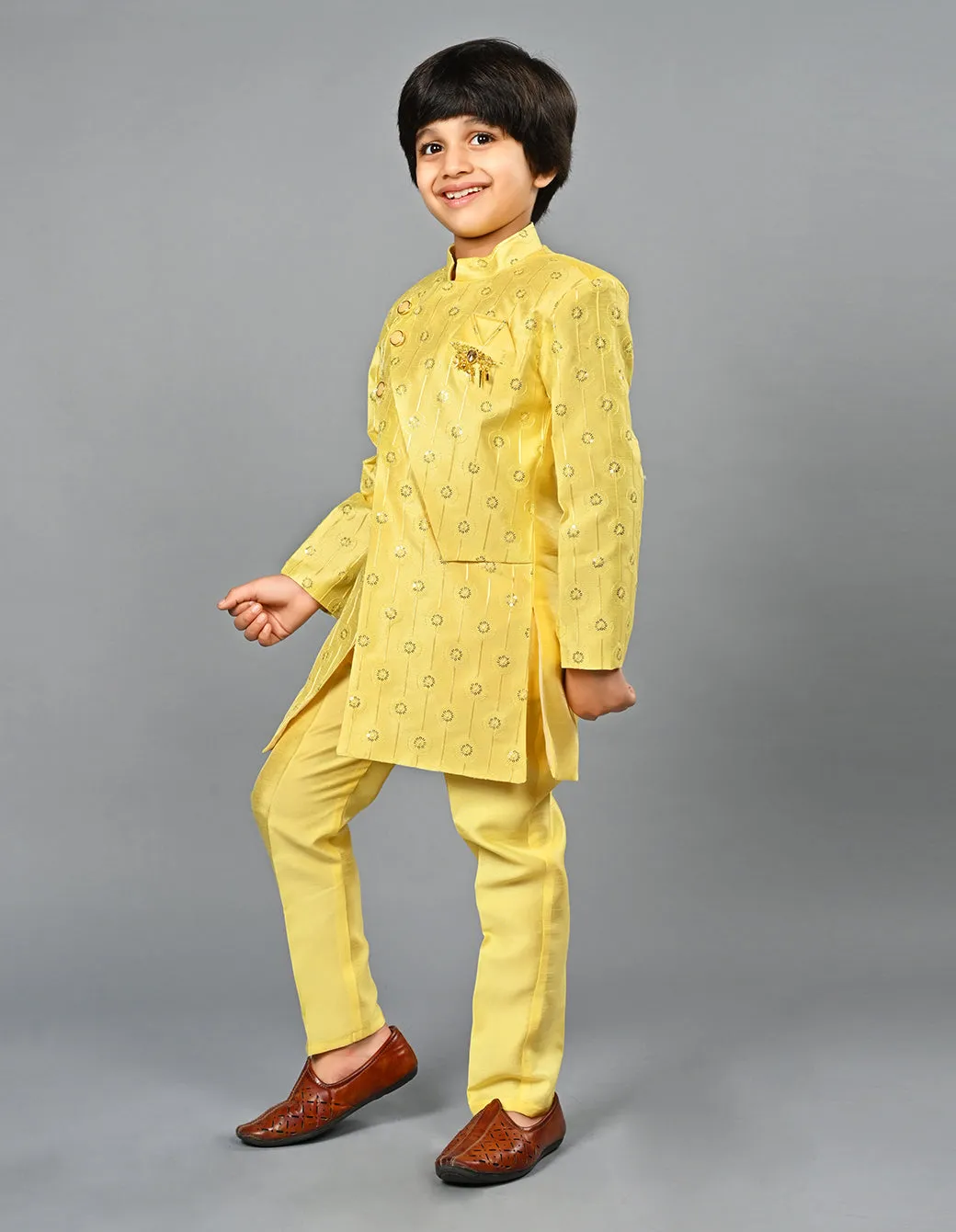 Ahhaaaa Kids Ethnic Silk Blend Indo-Western Sherwani Set For Boys