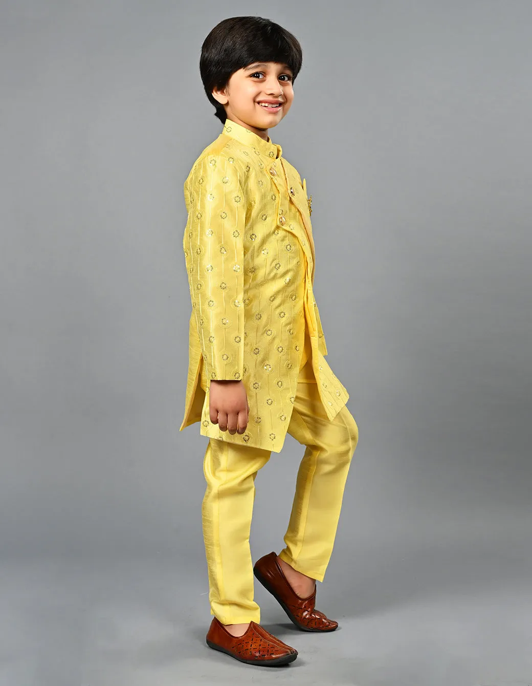 Ahhaaaa Kids Ethnic Silk Blend Indo-Western Sherwani Set For Boys