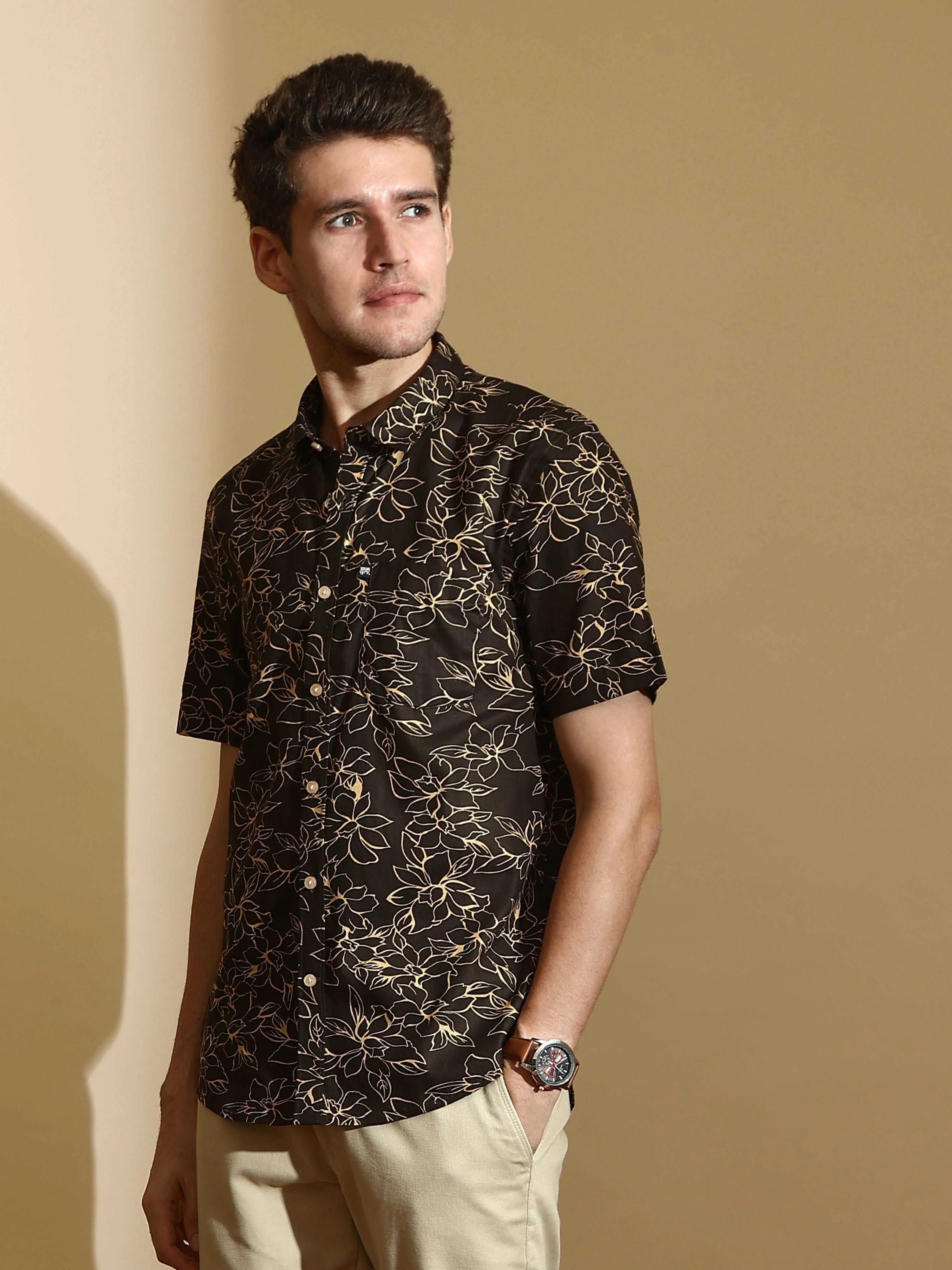 Brown AOP casual half sleeve shirt