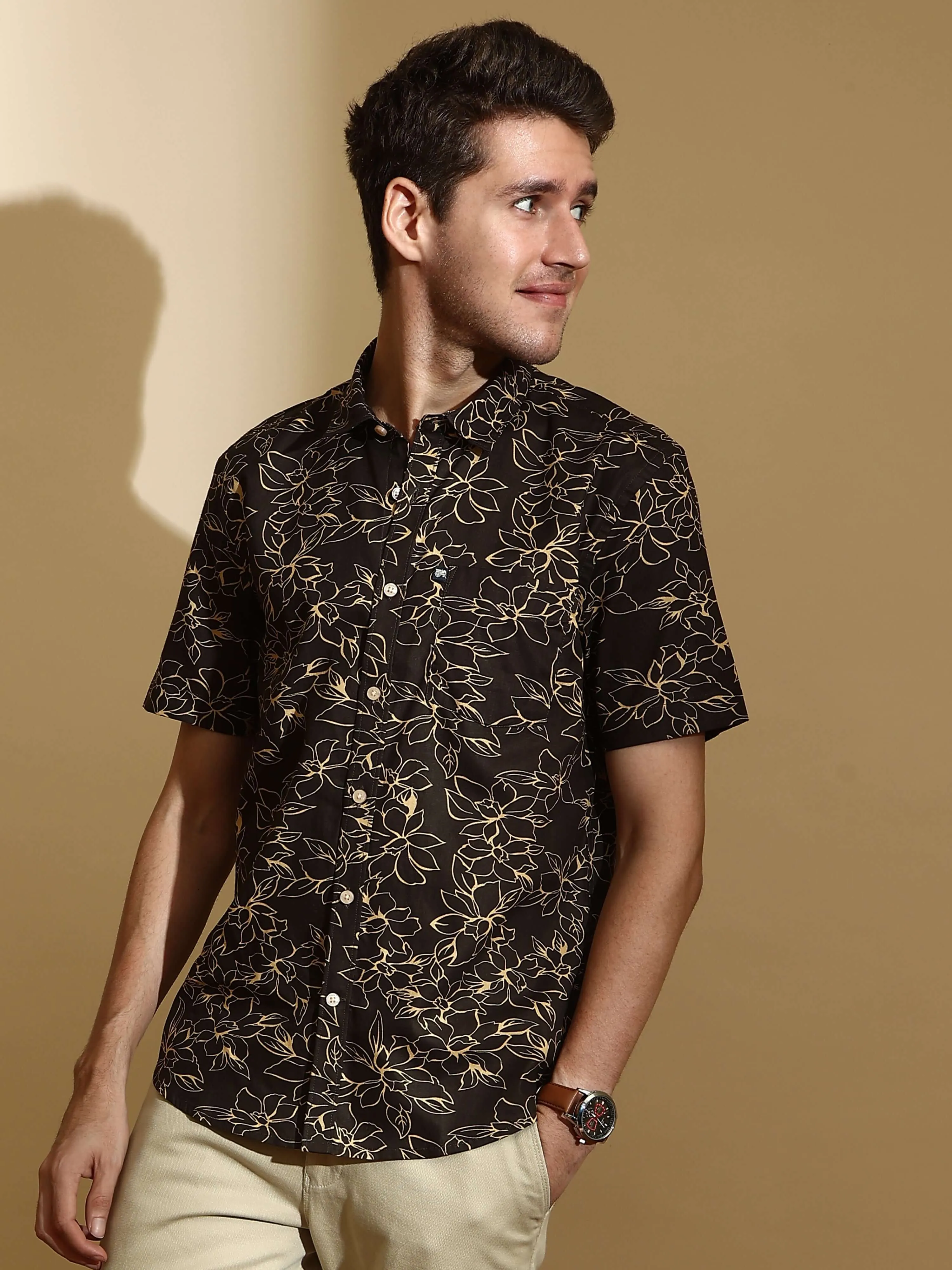 Brown AOP casual half sleeve shirt