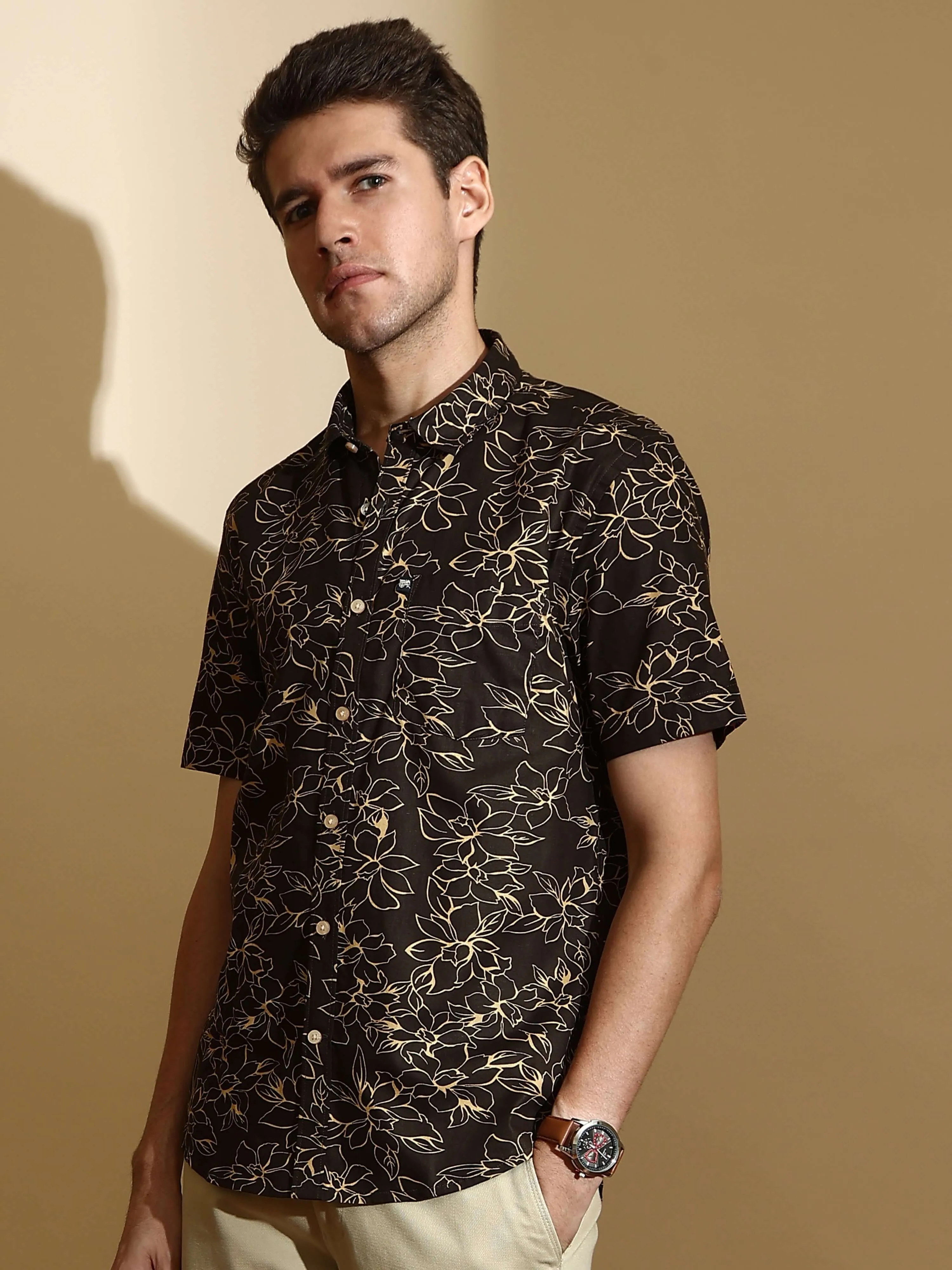 Brown AOP casual half sleeve shirt