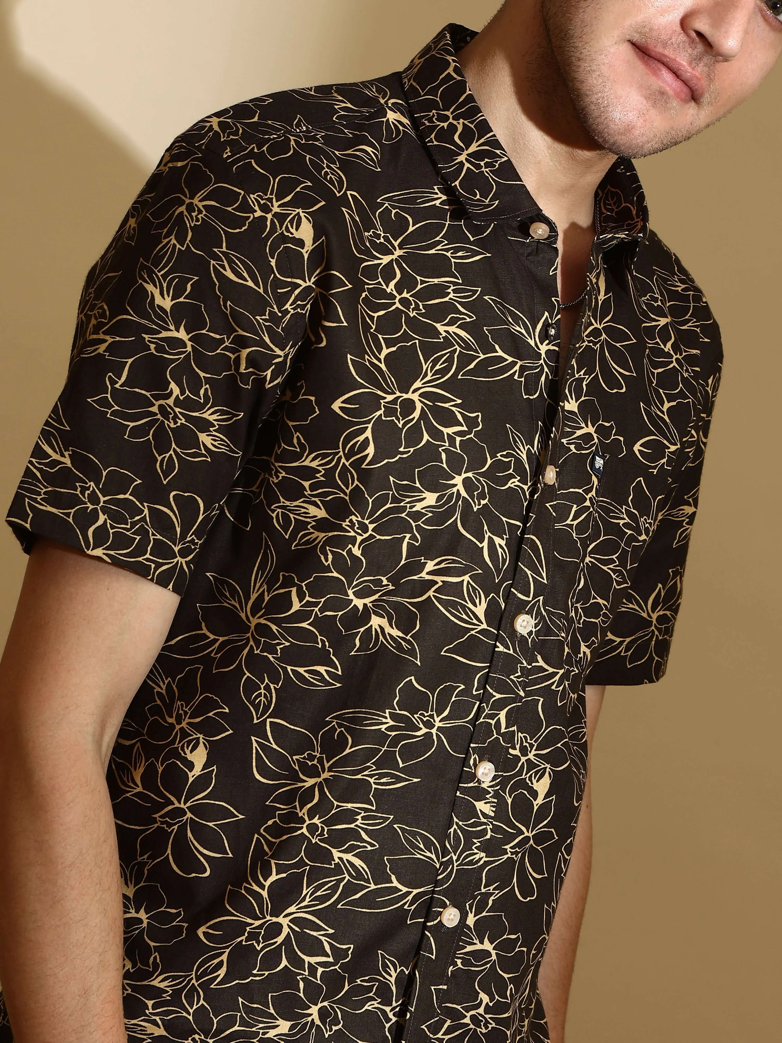 Brown AOP casual half sleeve shirt