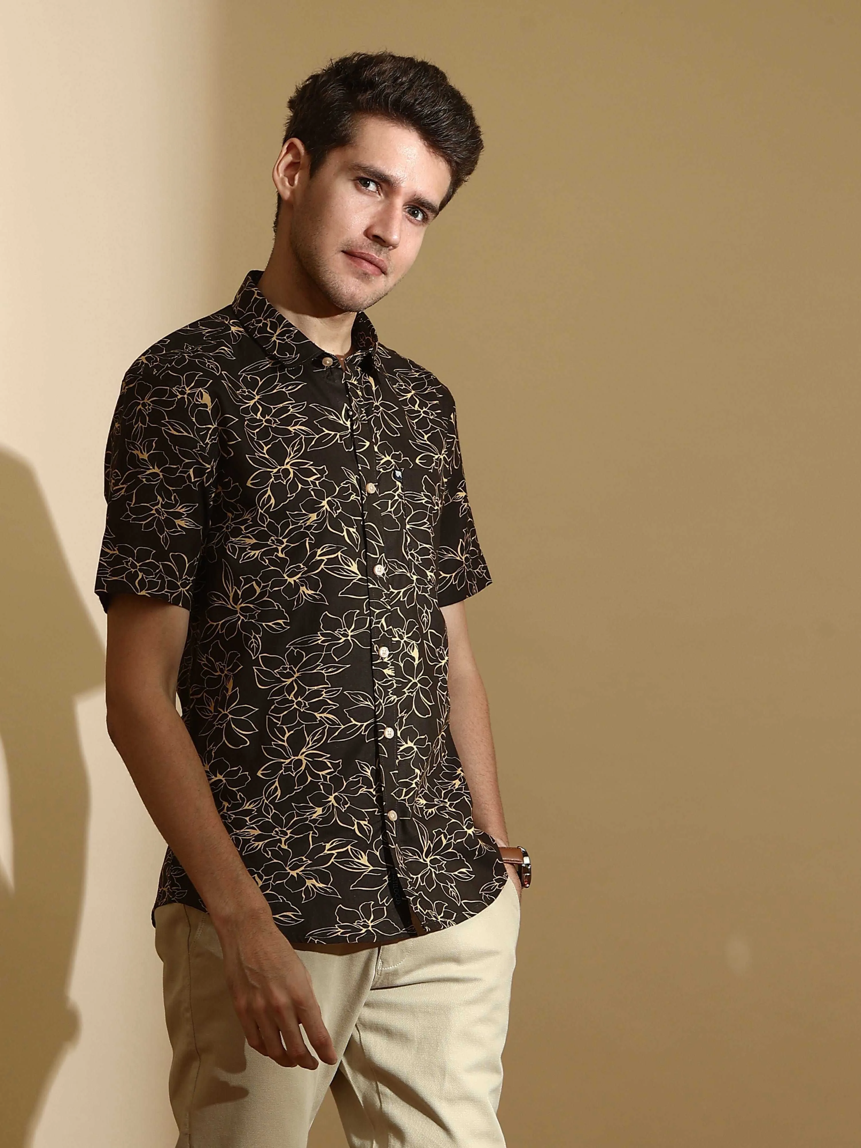 Brown AOP casual half sleeve shirt