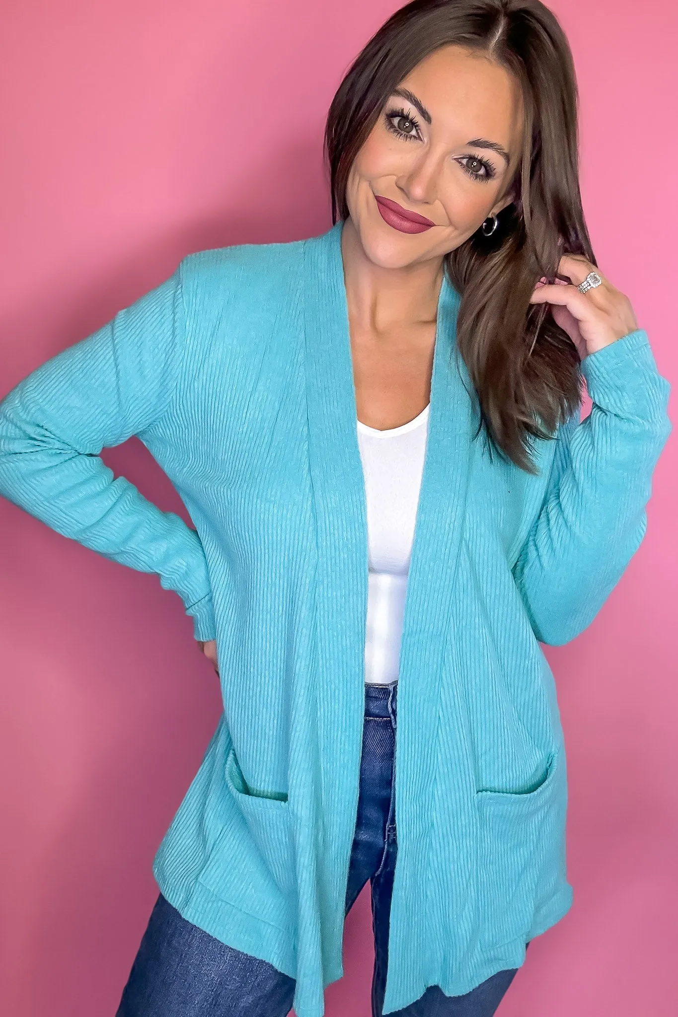 Calm And Cozy Turquoise Ribbed Sweater Open Front Cardigan