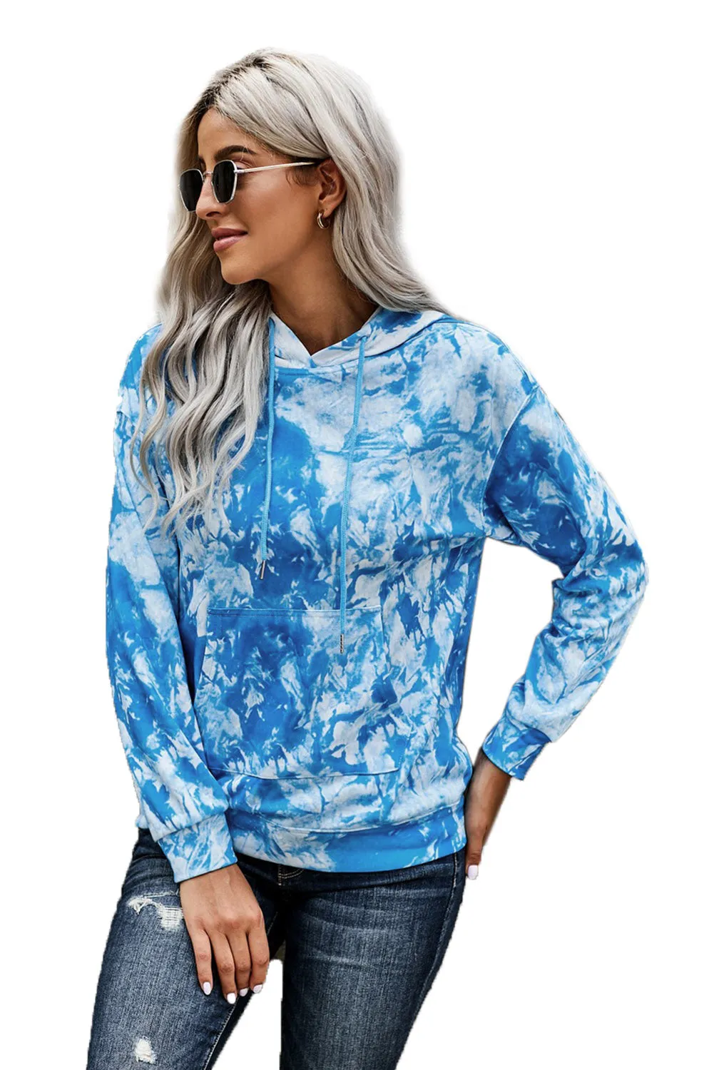 Casual Blue Tie-dye Print Pullover Hoodie