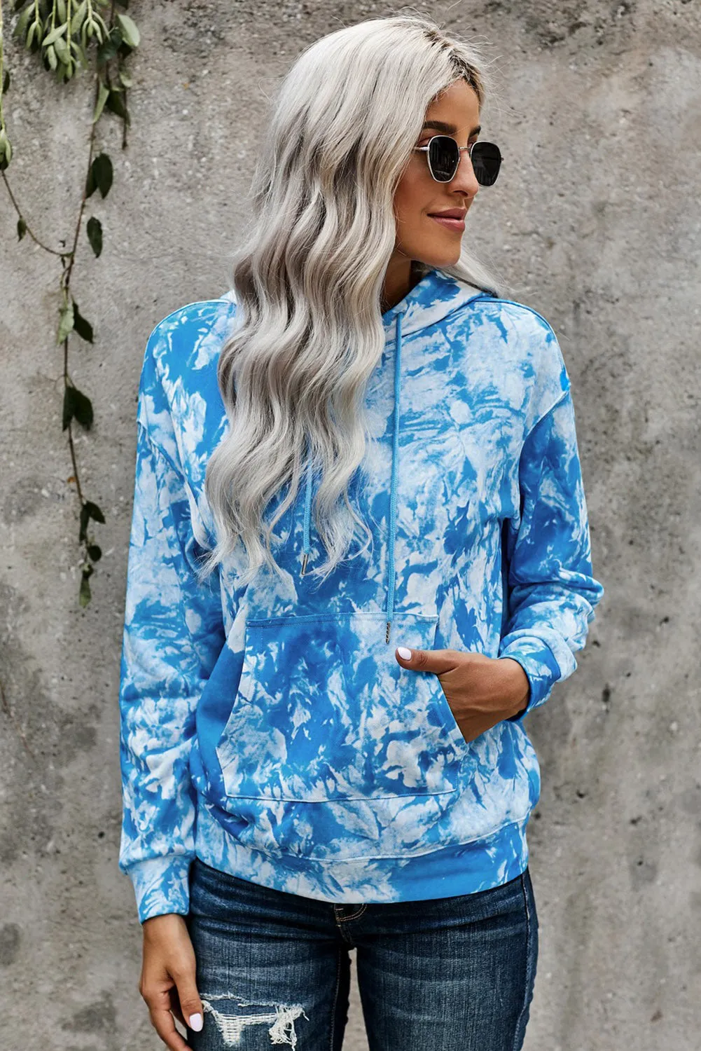 Casual Blue Tie-dye Print Pullover Hoodie