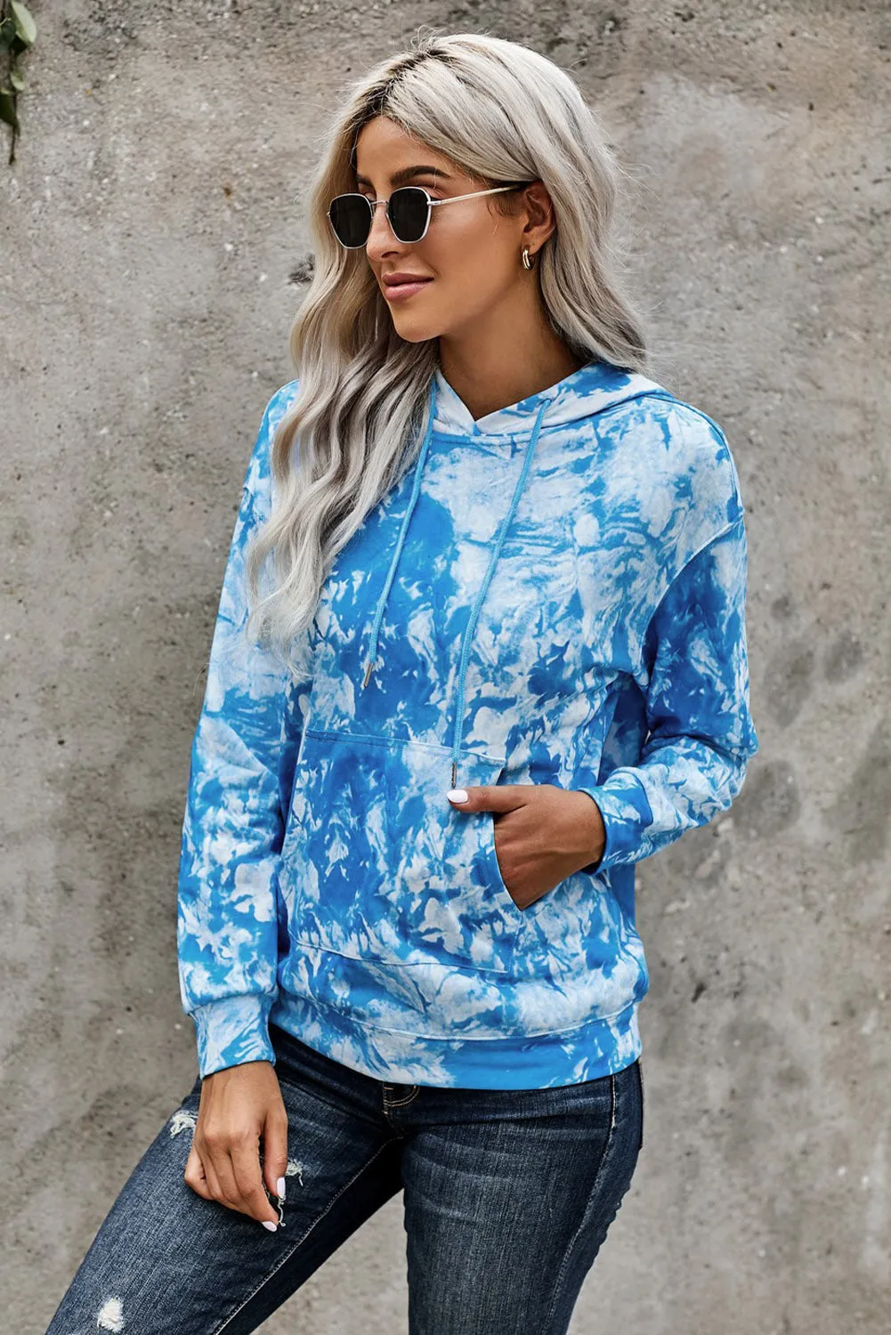 Casual Blue Tie-dye Print Pullover Hoodie