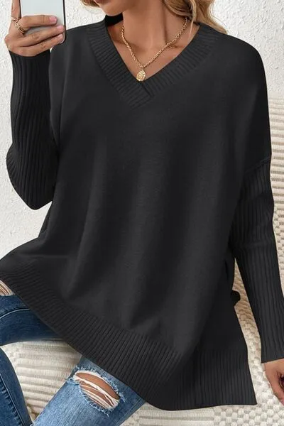 Casual Chic Slit V-Neck Sweater