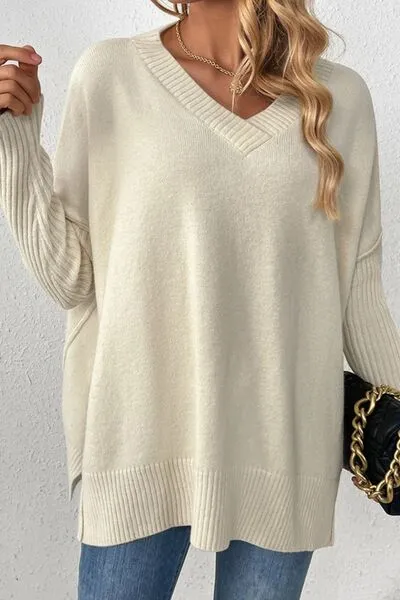 Casual Chic Slit V-Neck Sweater