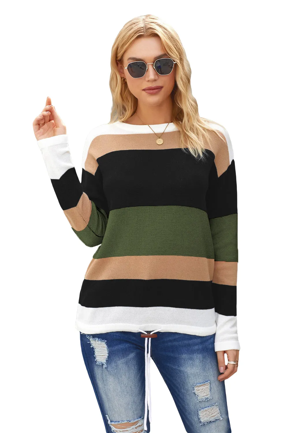 Casual Green Black Colorblock Knit Sweater