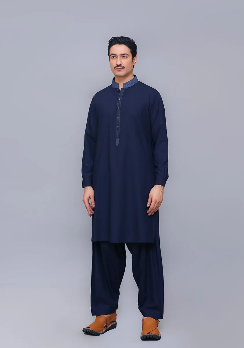 Classic Poly Viscose Navy Blazer Classic Fit Embroidered Suit