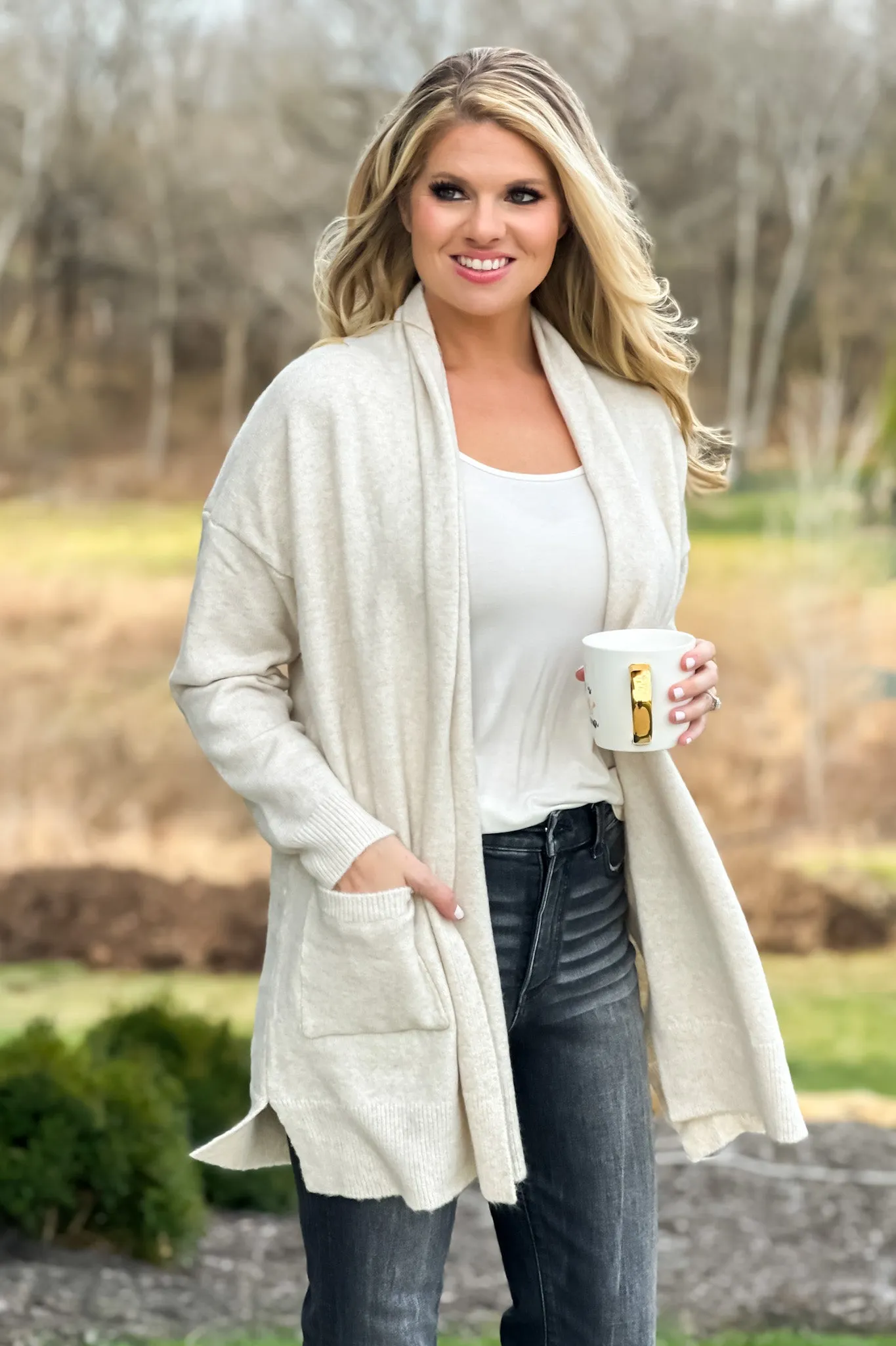 Cozy All Day Open Front Soft Cardigan : Oatmeal