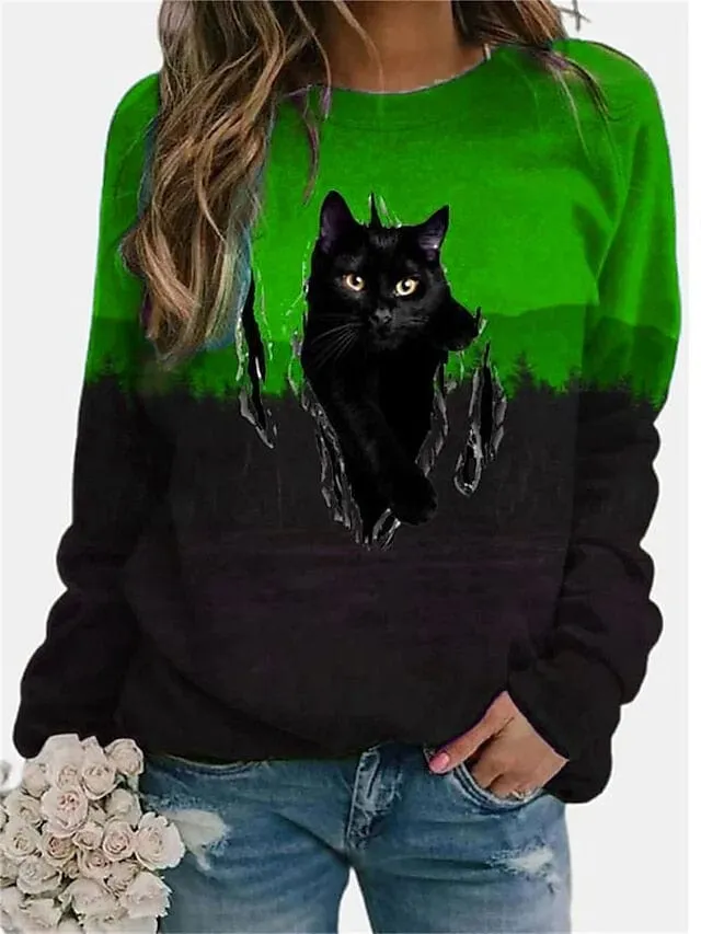 Cozy Cat Striped Sweatshirt for Women