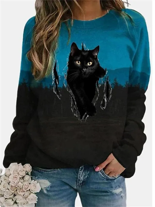 Cozy Cat Striped Sweatshirt for Women