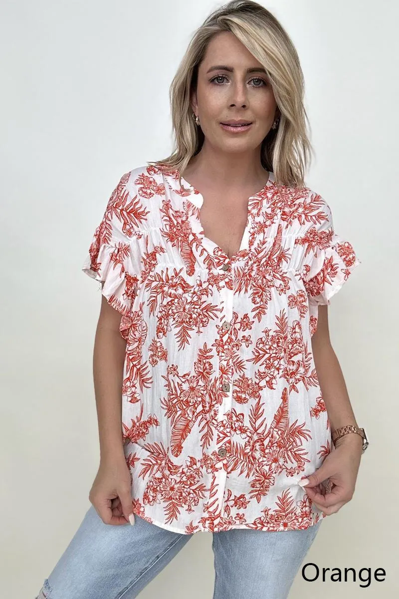 Cozy Co Floral Print Button Down Ruffle Sleeve Top