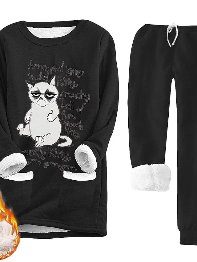 Cozy Fleece-Lined Women's Tracksuit Set with Cat Print