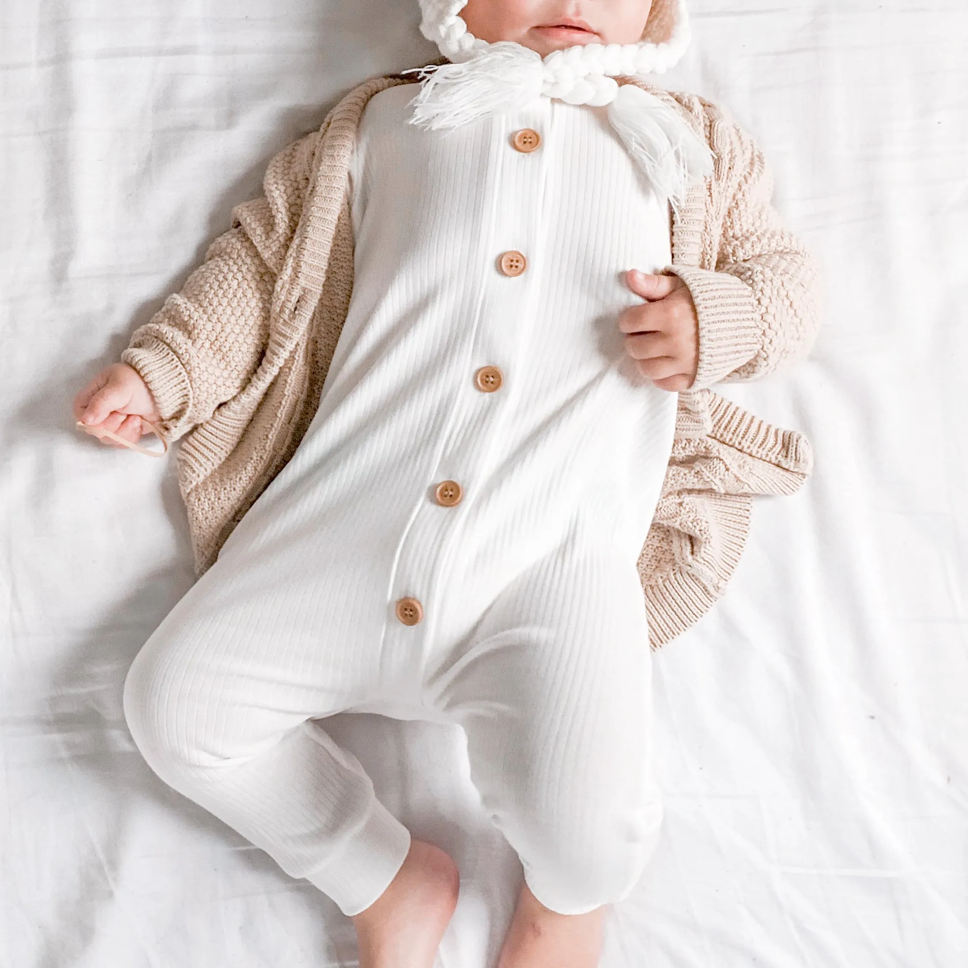 Cozy Long Sleeve Louie Romper - Coconut Milk