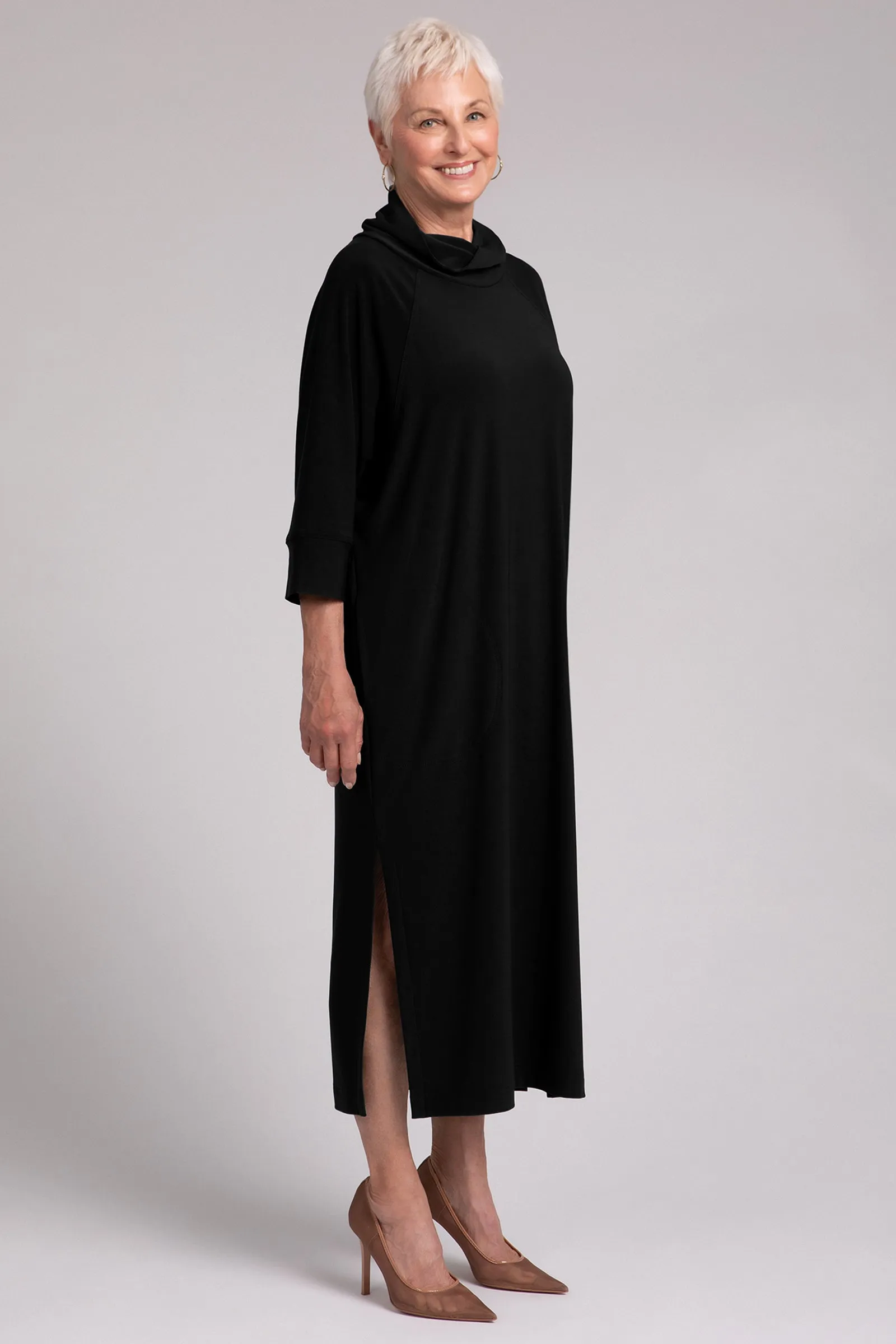 Cozy Raglan Funnel Neck Dress | Black