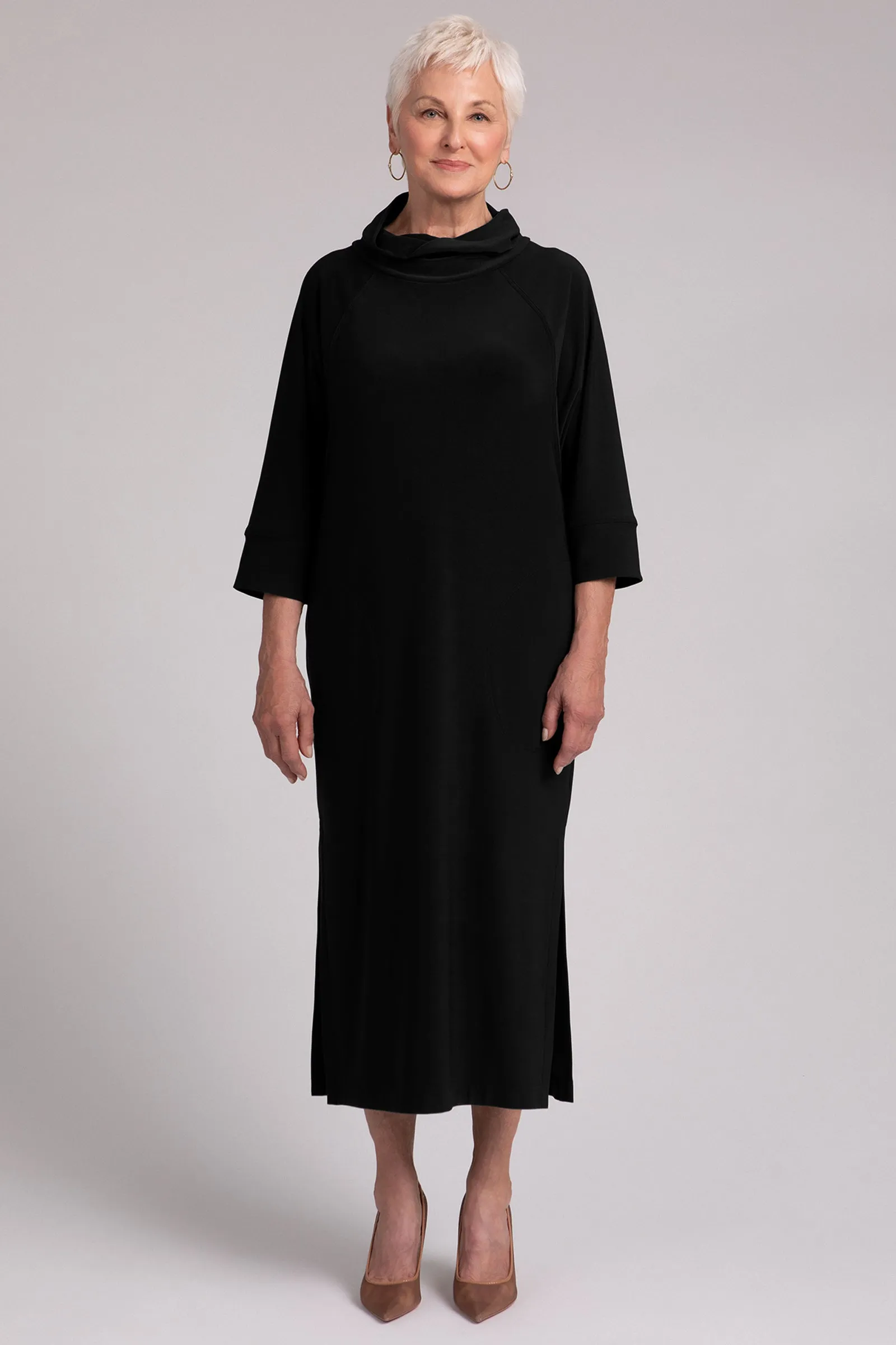 Cozy Raglan Funnel Neck Dress | Black