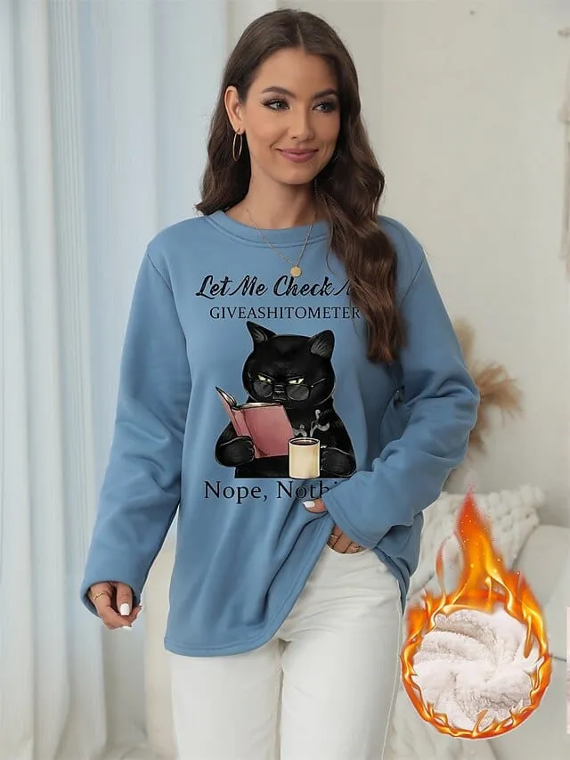 Cozy Vintage-Inspired Cat Print Fleece Sweatshirt for Women