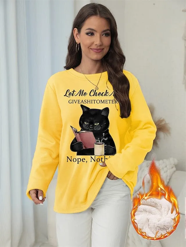 Cozy Vintage-Inspired Cat Print Fleece Sweatshirt for Women