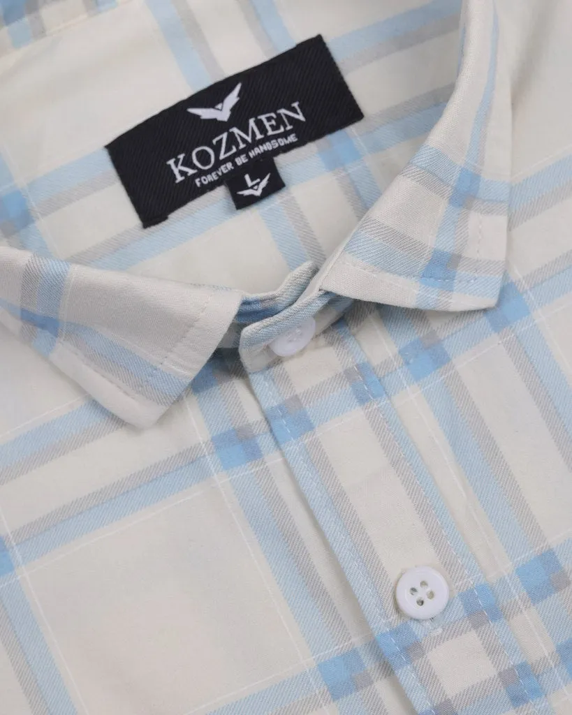 Cream Color Blue Checkered Cotton Casual Shirt