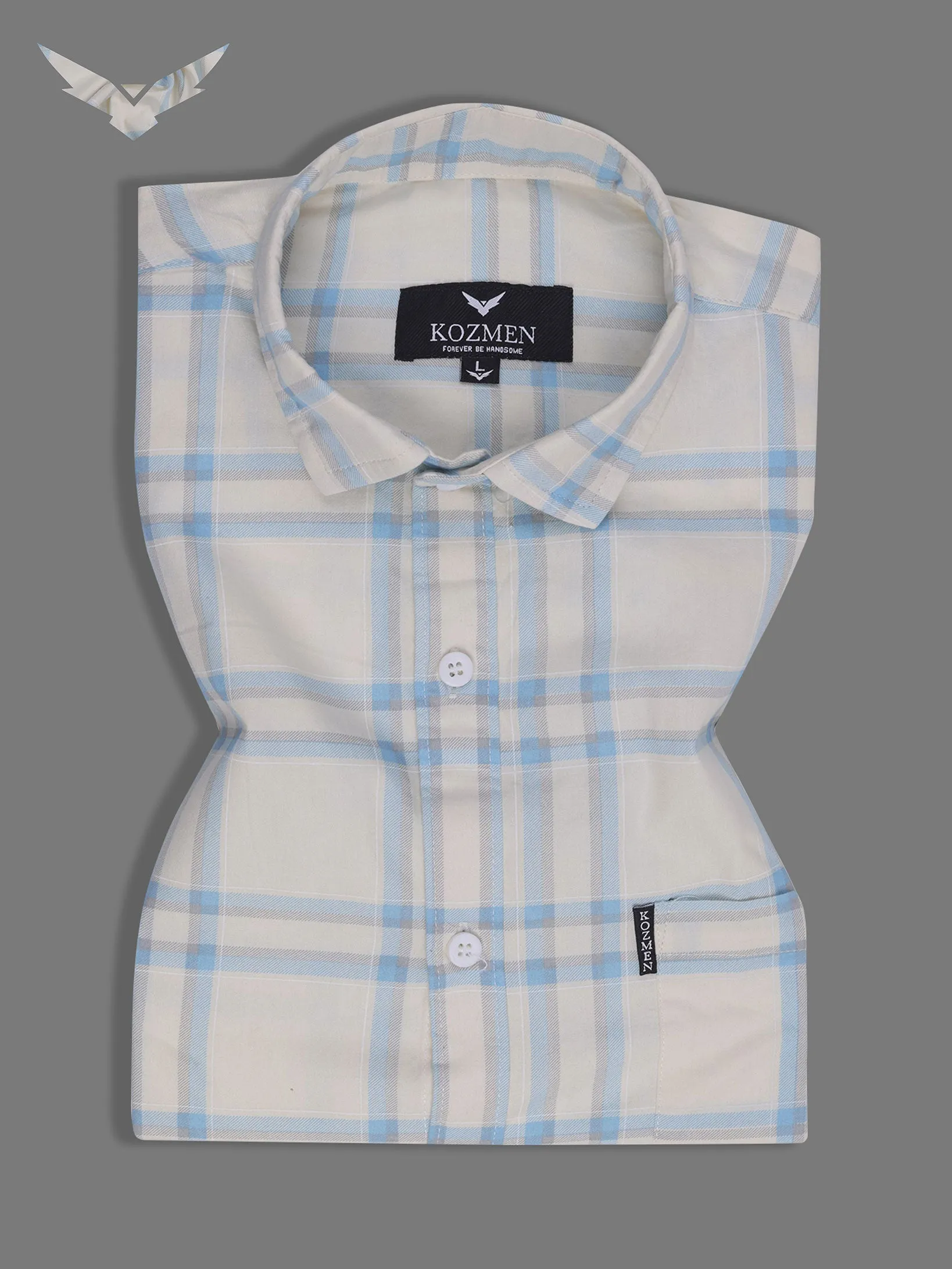 Cream Color Blue Checkered Cotton Casual Shirt