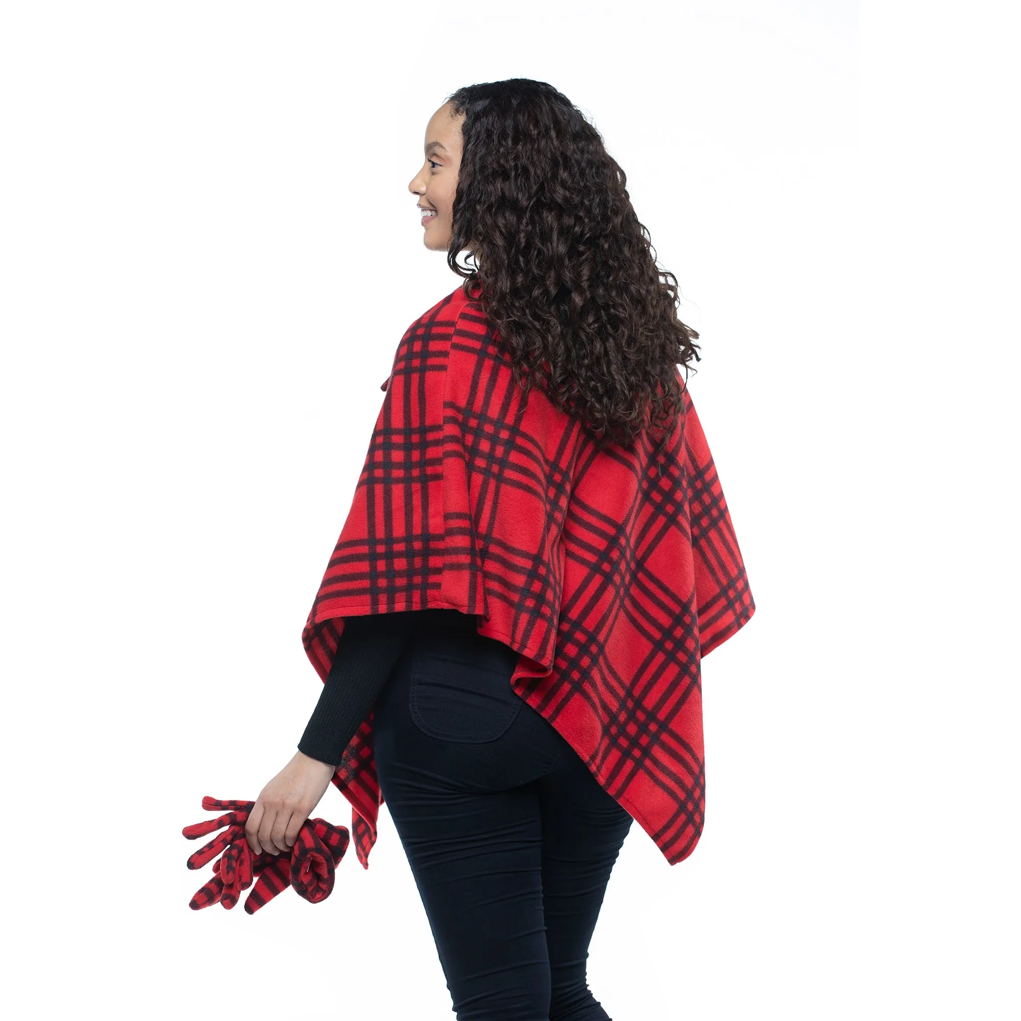 Elisa Red Plaid Cozy Coat Fleece Poncho and Gloves Set