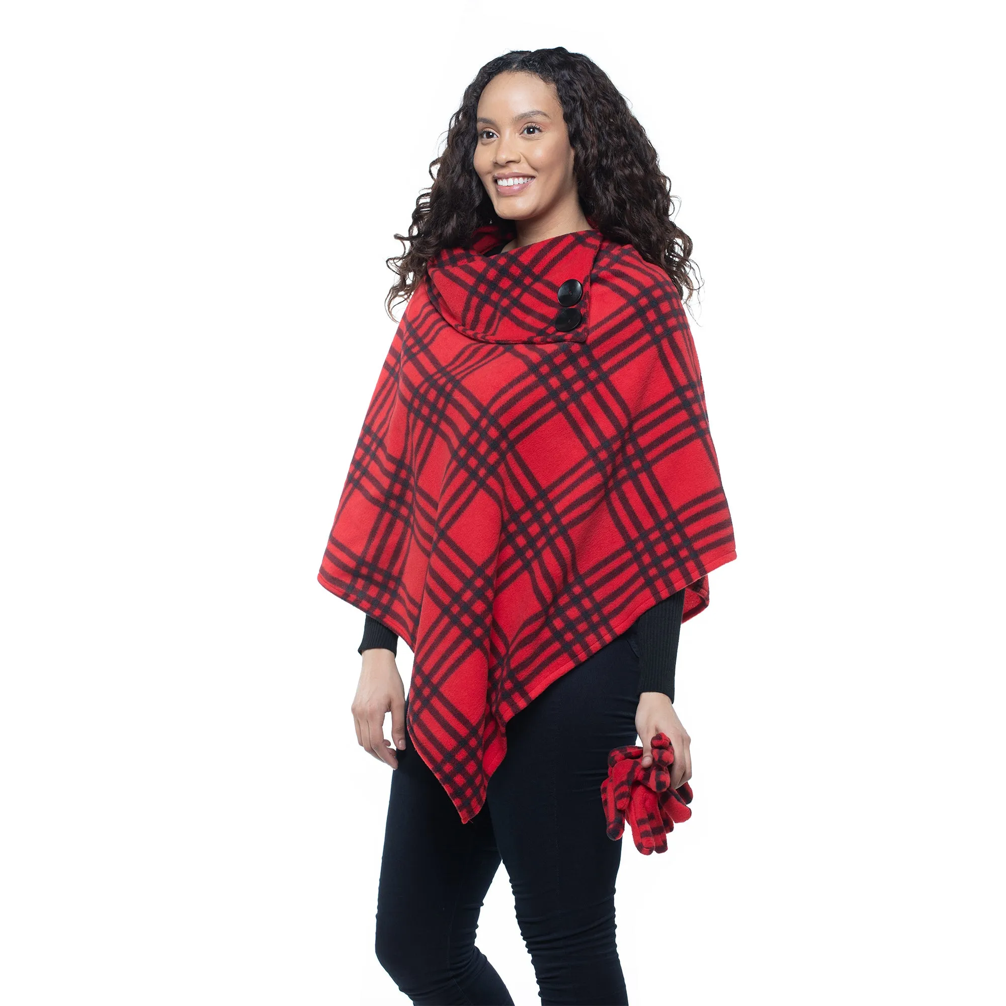 Elisa Red Plaid Cozy Coat Fleece Poncho and Gloves Set