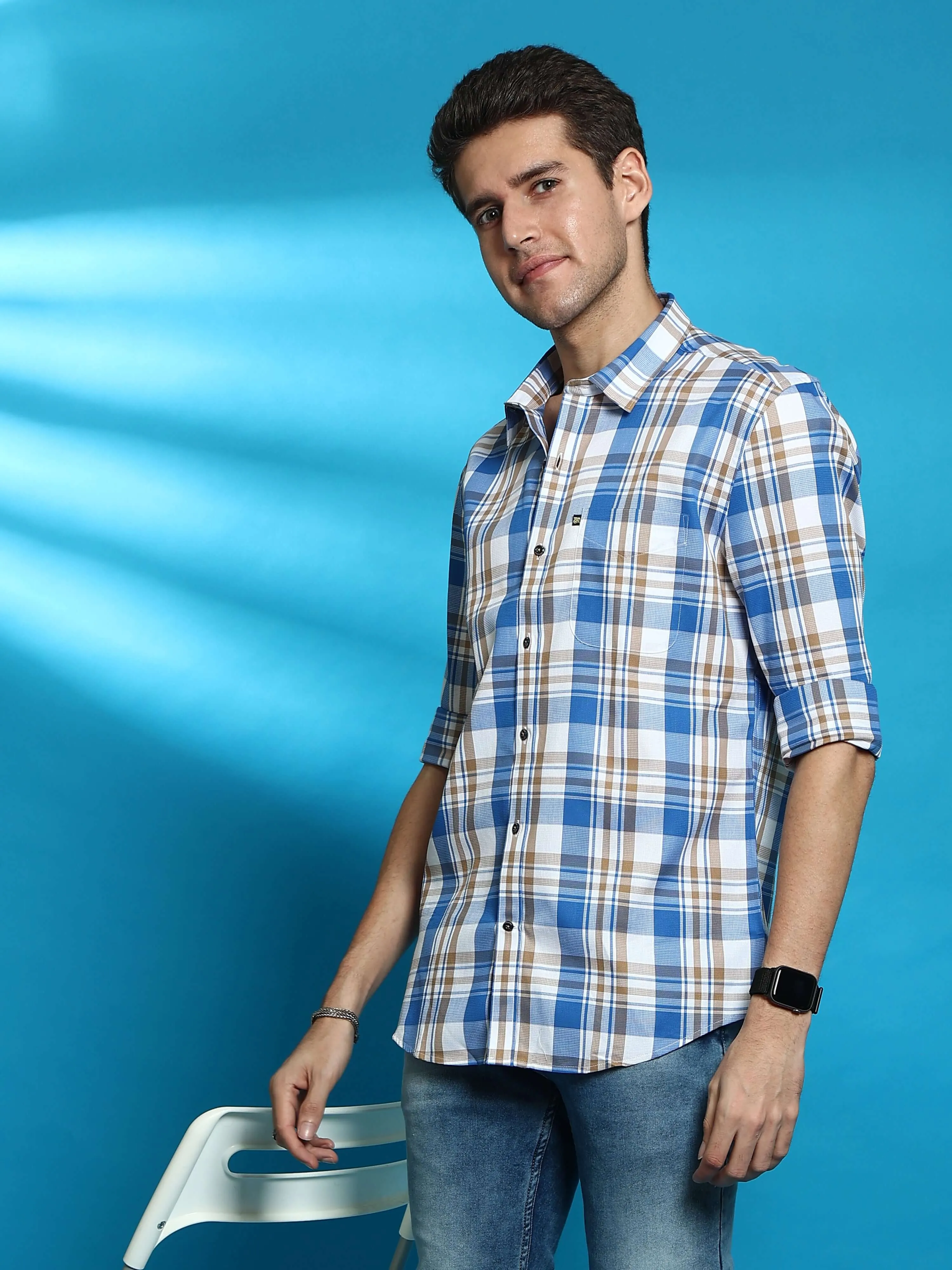 Honey White Casual Full Sleeve Check Shirt