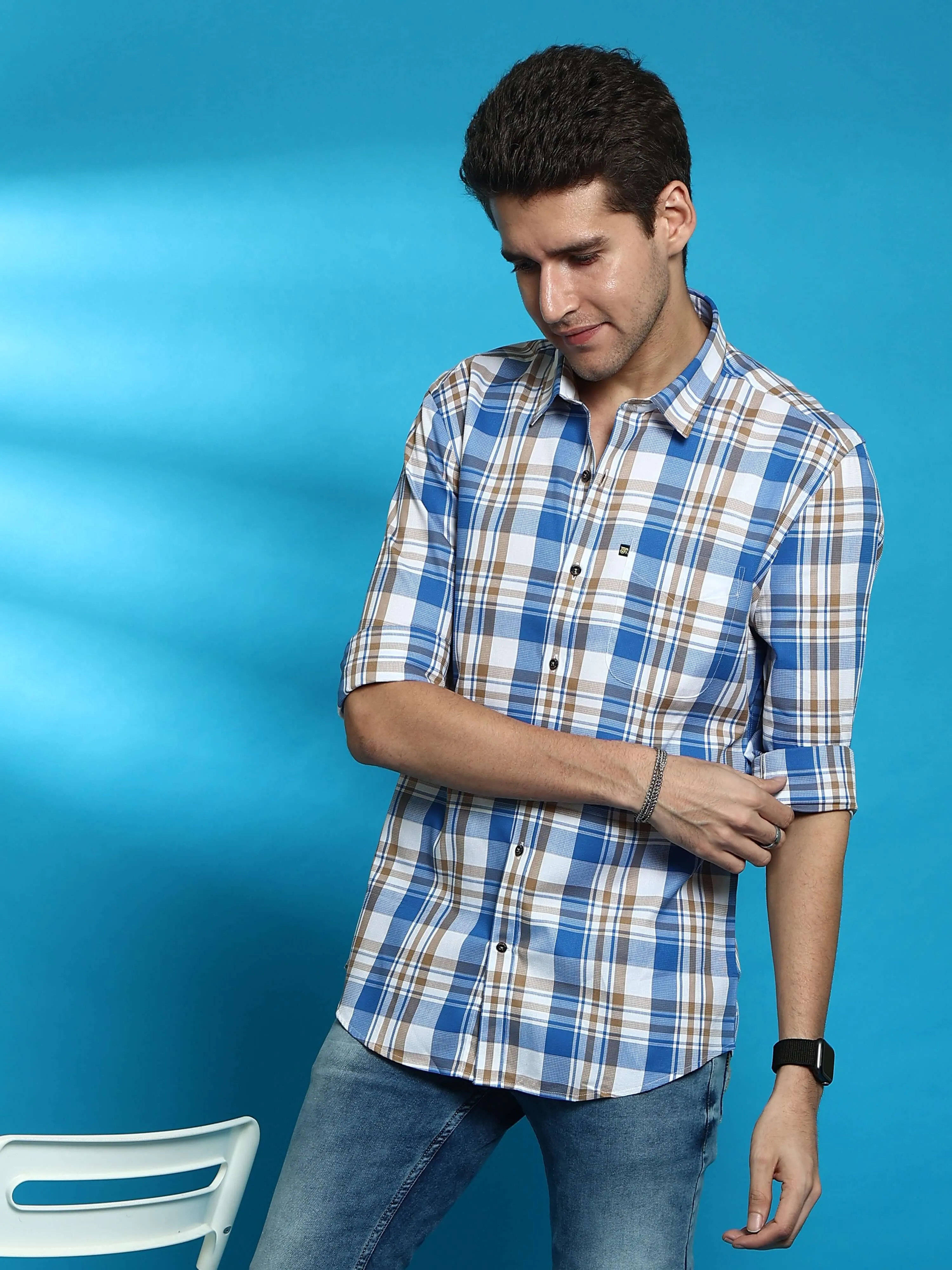 Honey White Casual Full Sleeve Check Shirt