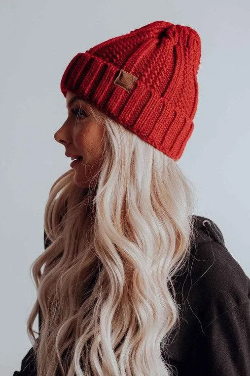 Keep Me Cozy- Ivory/Olive/Red/Heathered Tan Knit Beanie