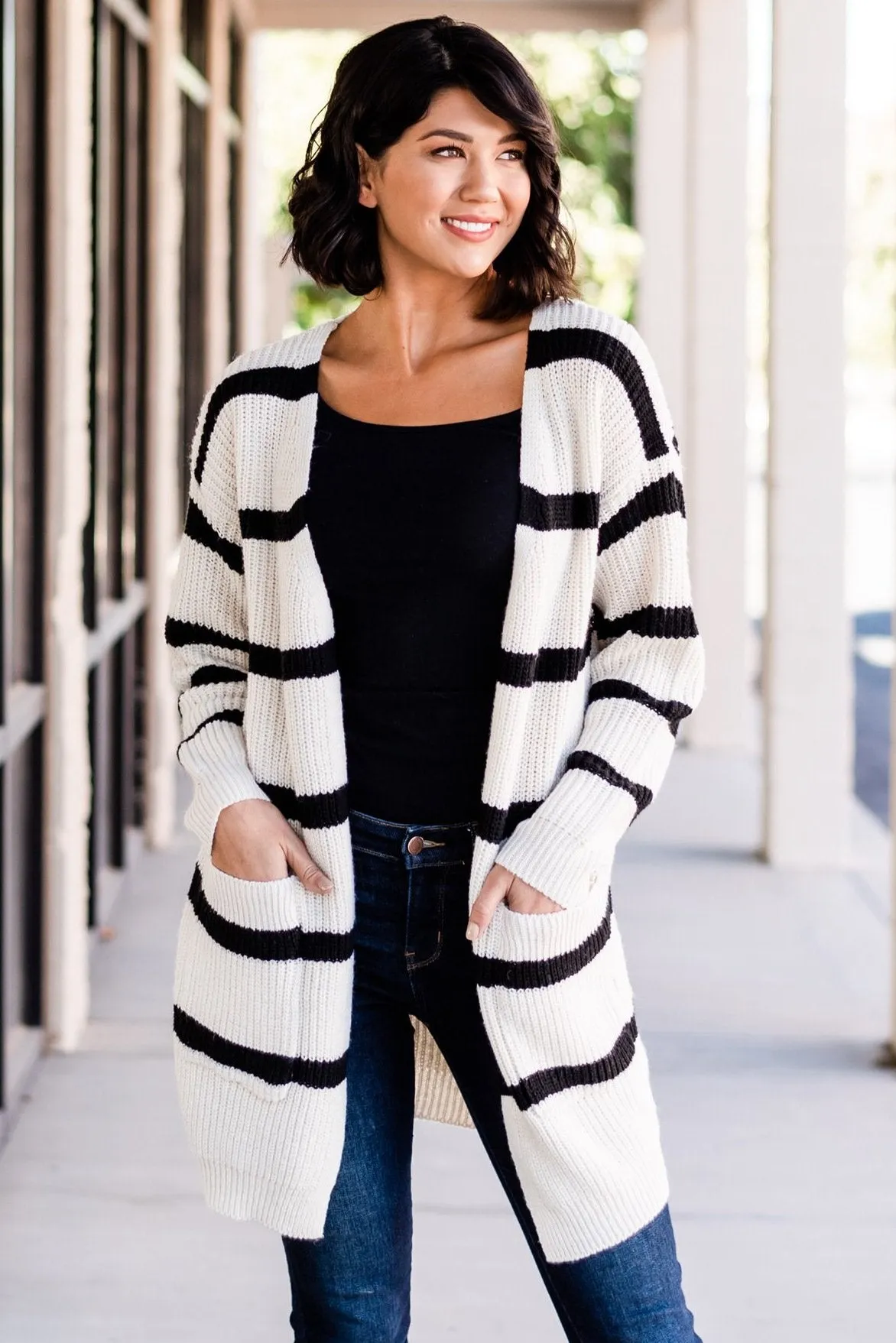 Long Cozy Striped Cardigan: Beige/Black