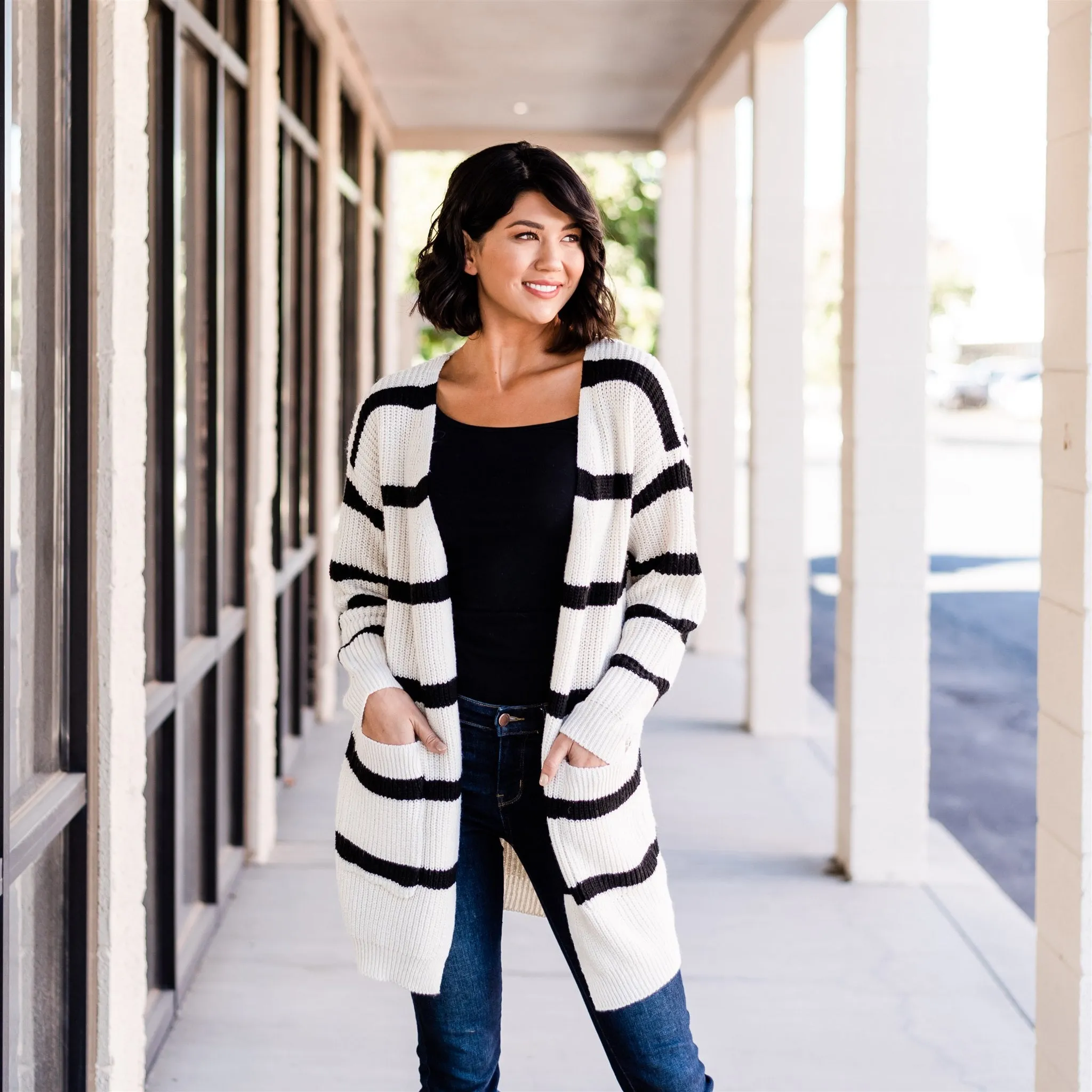 Long Cozy Striped Cardigan: Beige/Black