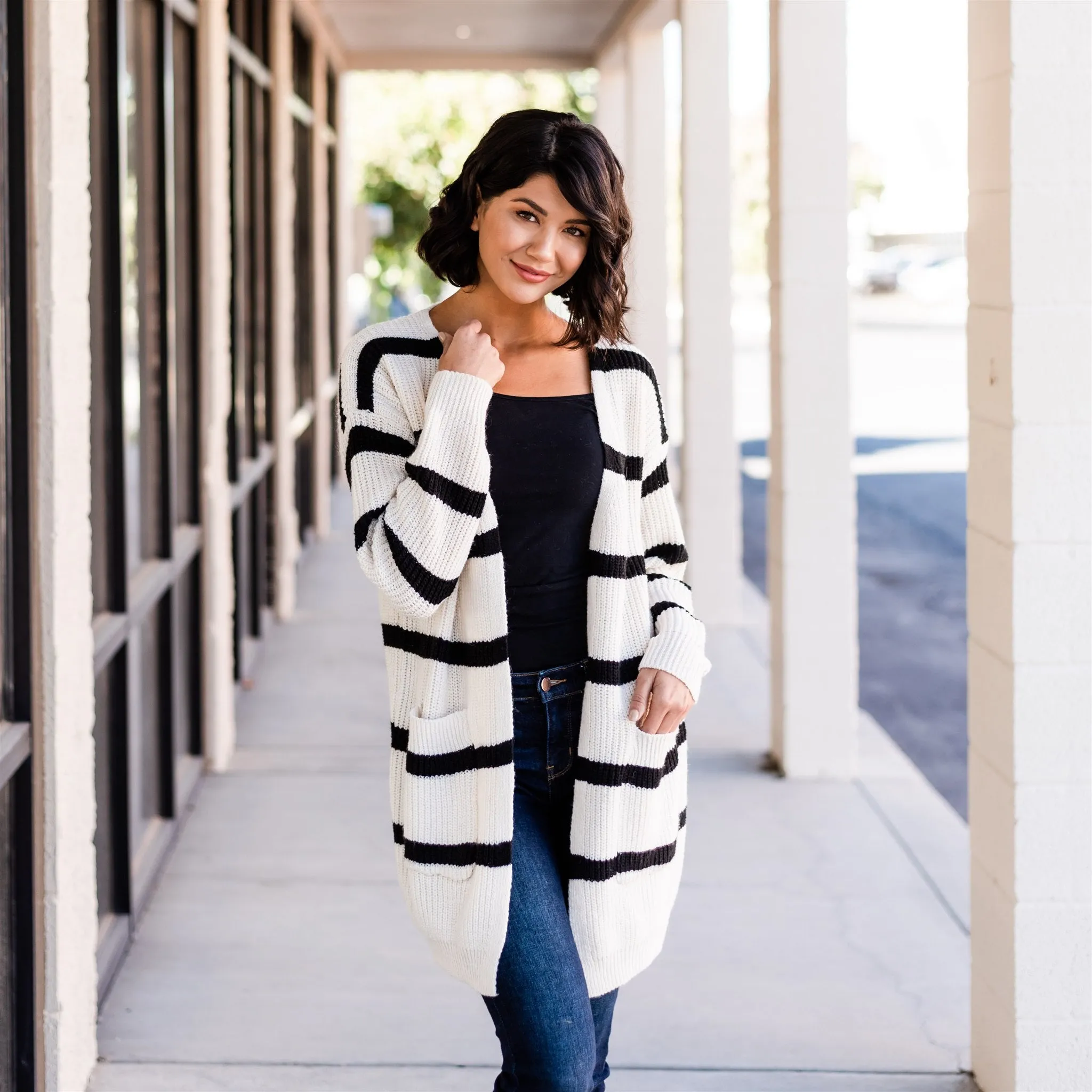 Long Cozy Striped Cardigan: Beige/Black