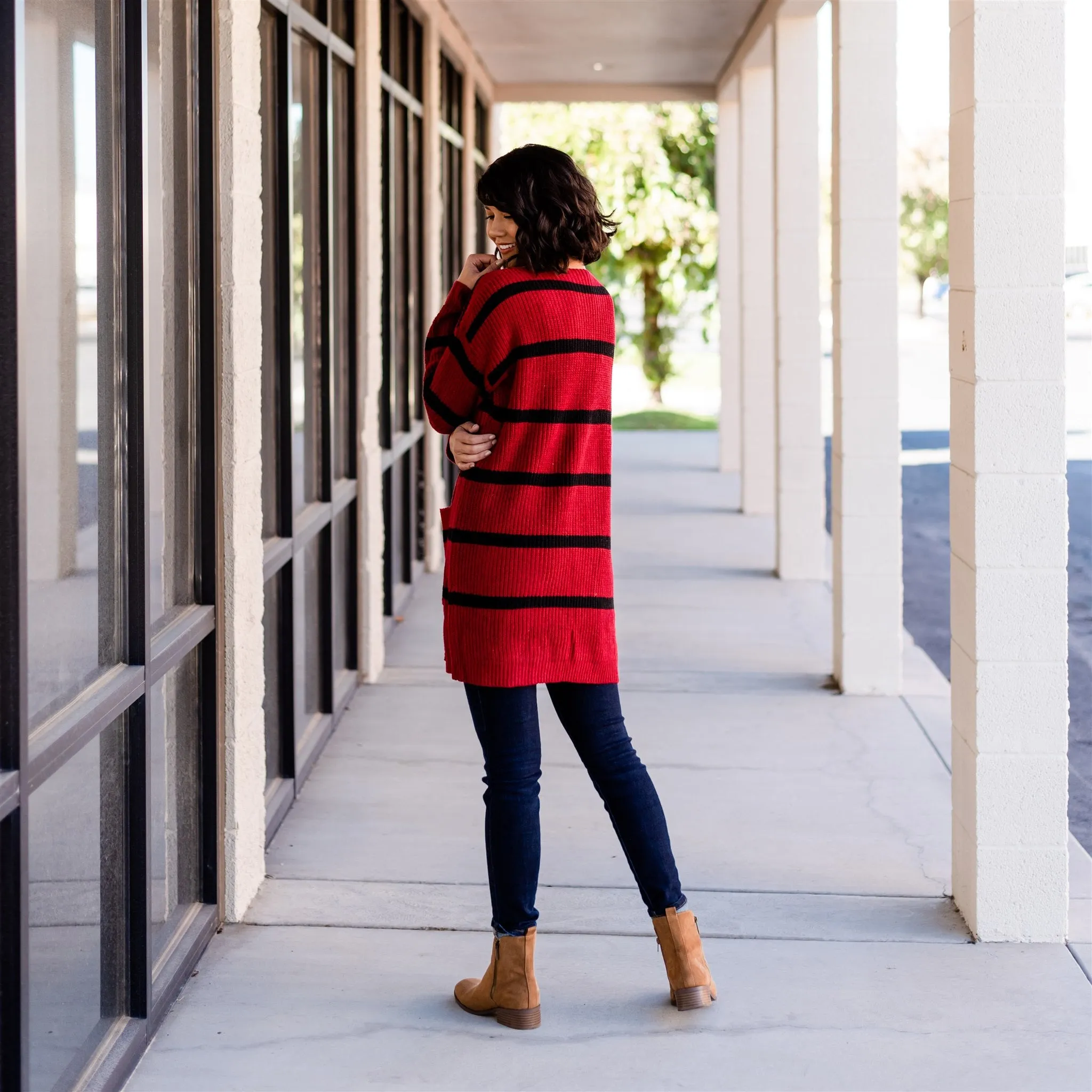 Long Cozy Striped Cardigan: Cranberry/Black