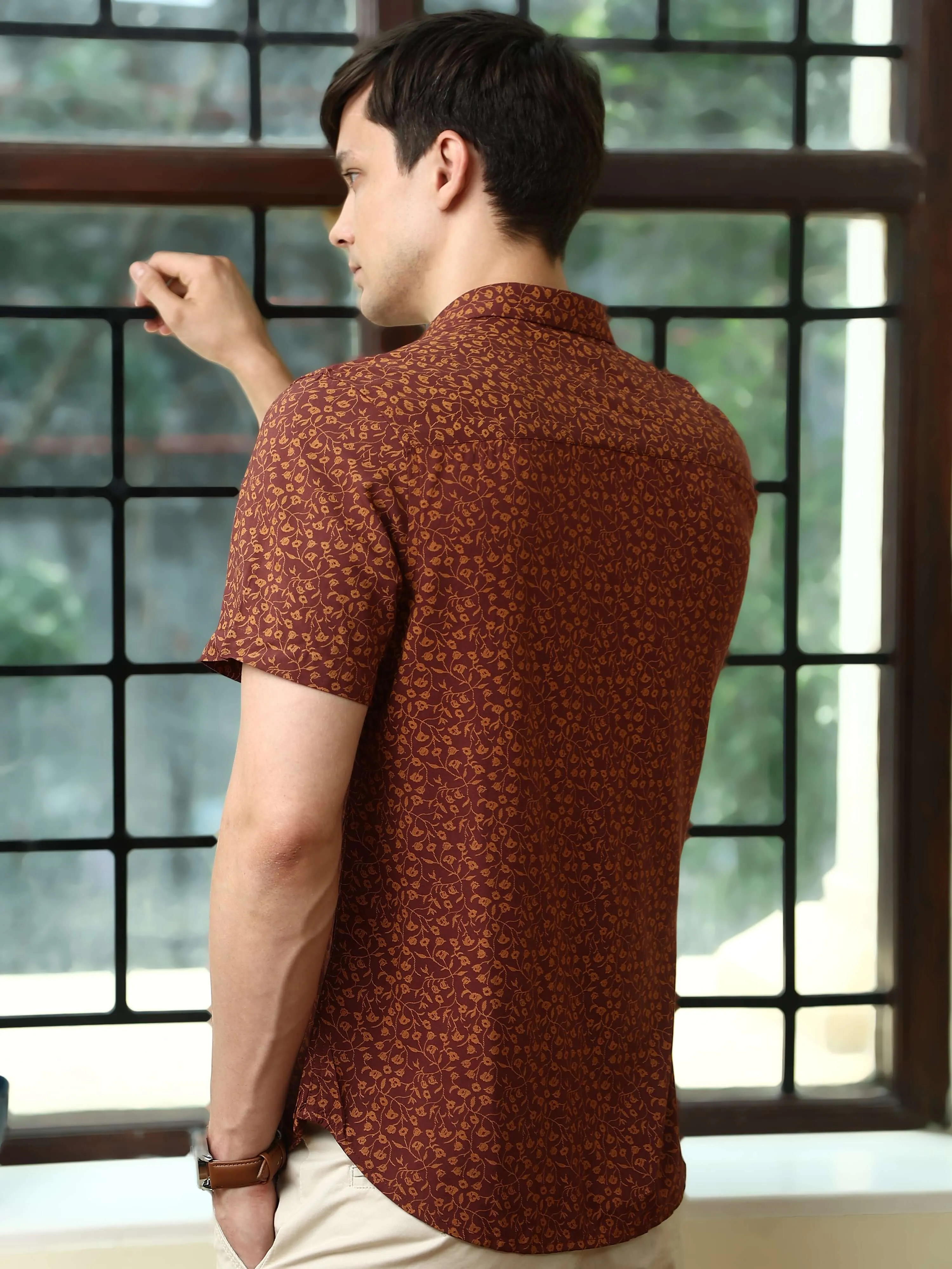 Maroon casual floral AOP half sleeves shirt