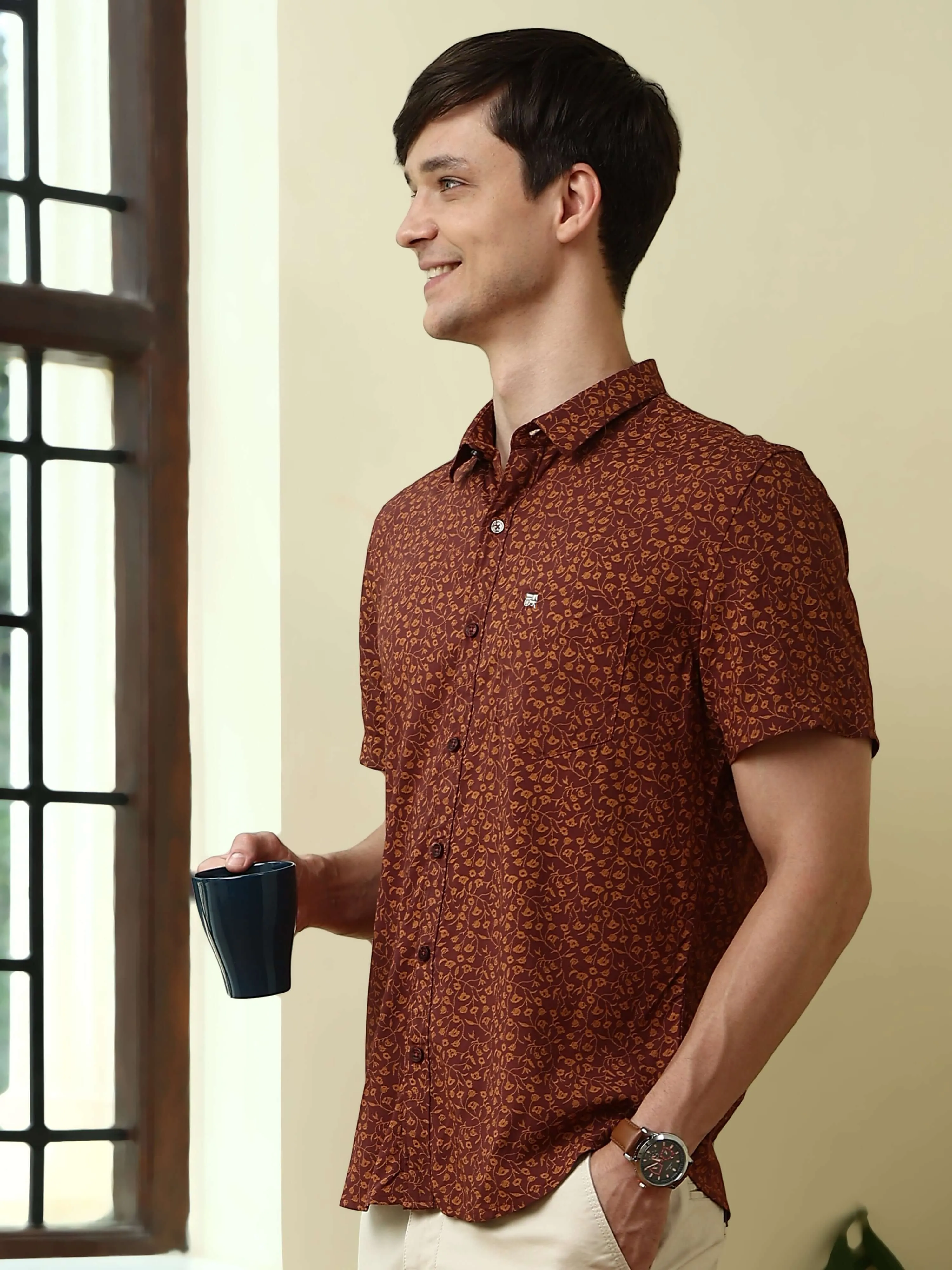 Maroon casual floral AOP half sleeves shirt