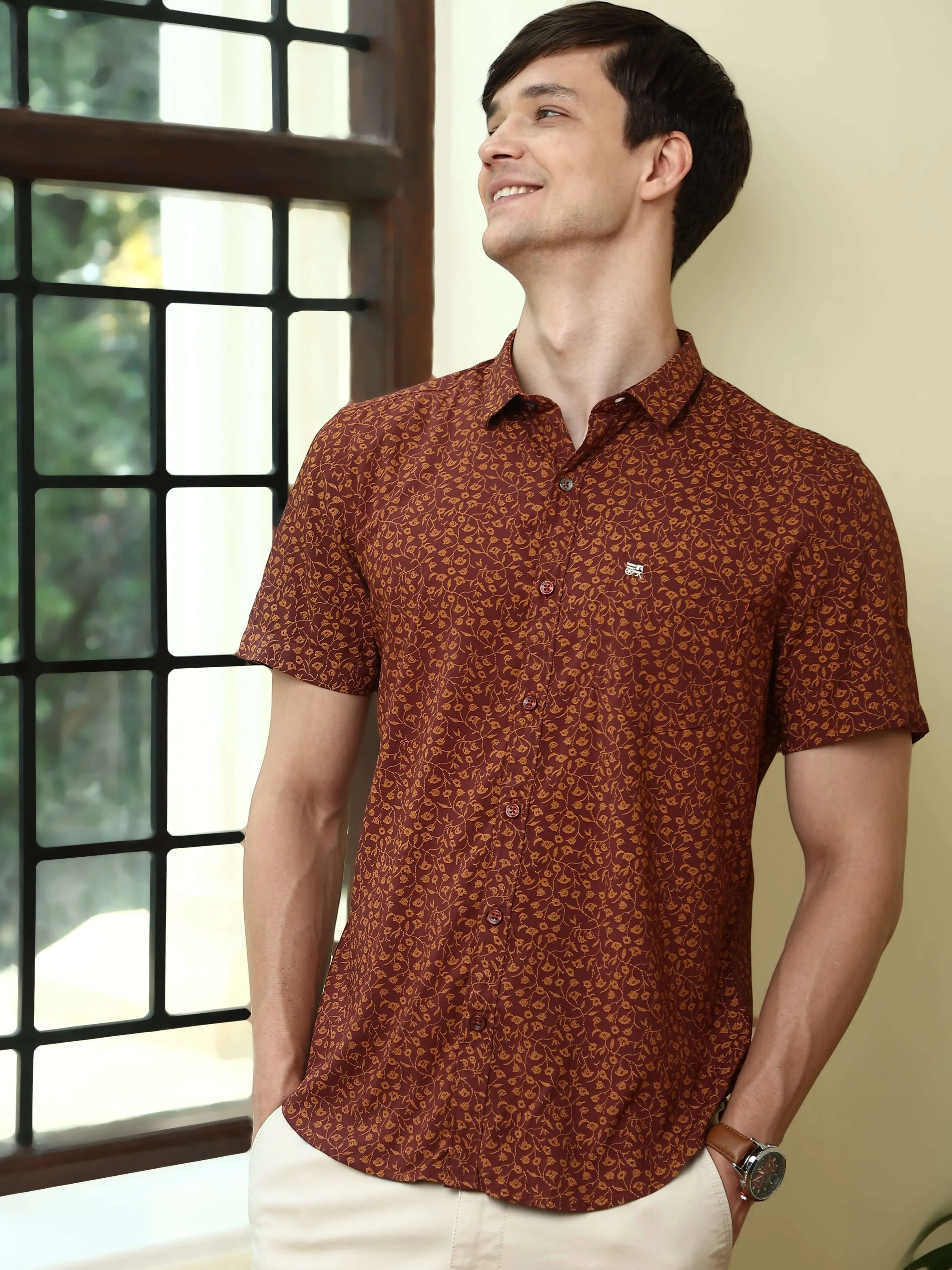 Maroon casual floral AOP half sleeves shirt