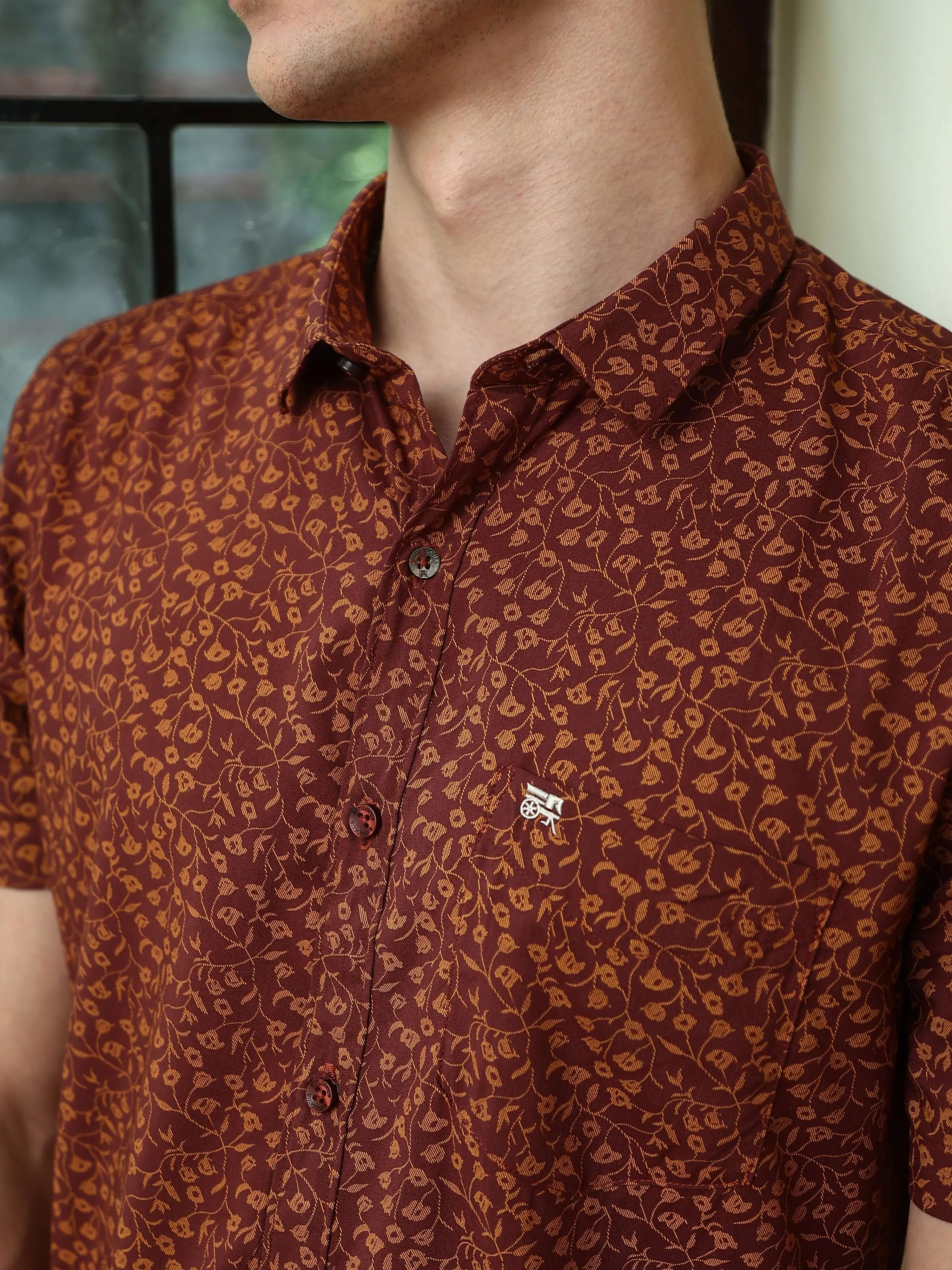 Maroon casual floral AOP half sleeves shirt