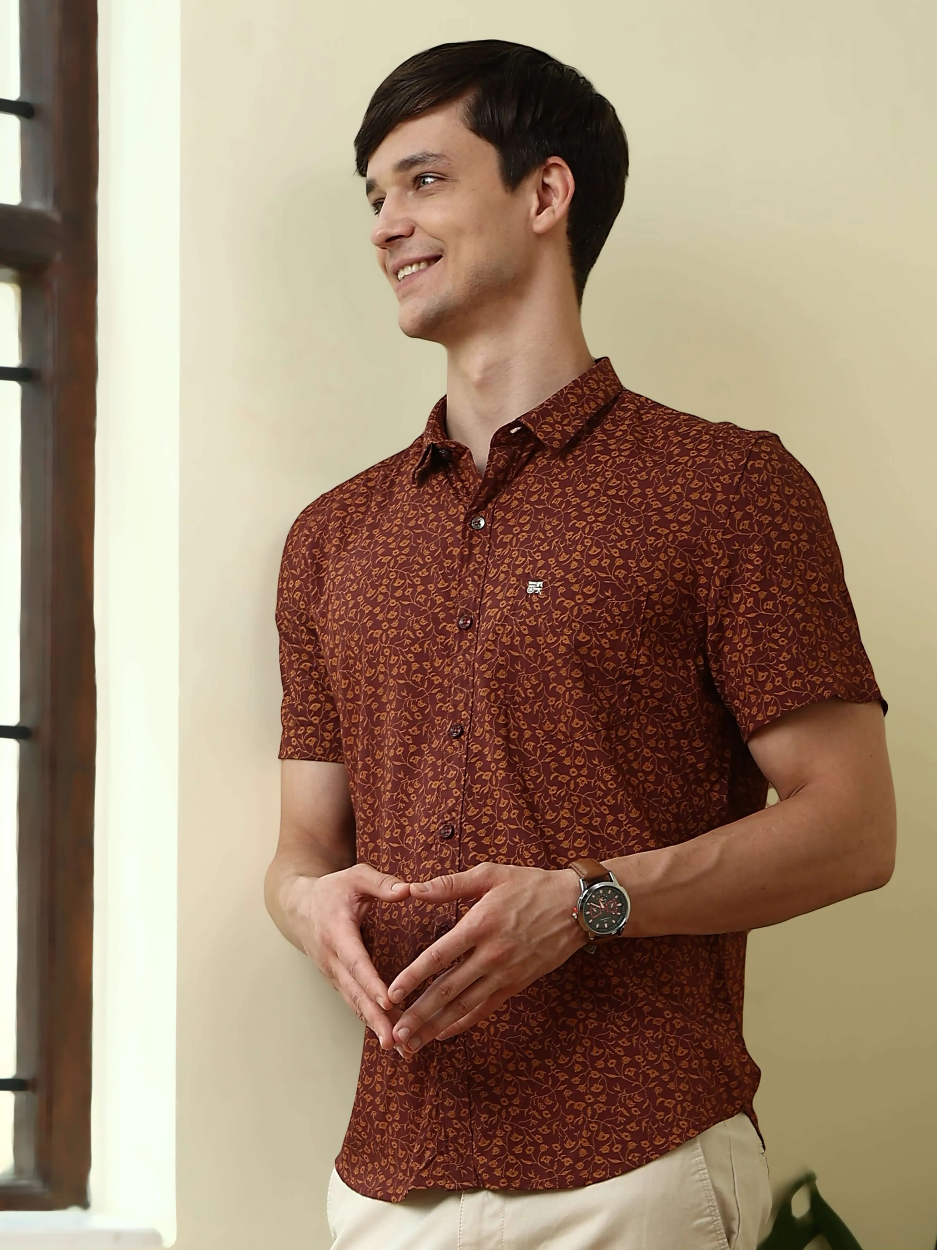 Maroon casual floral AOP half sleeves shirt