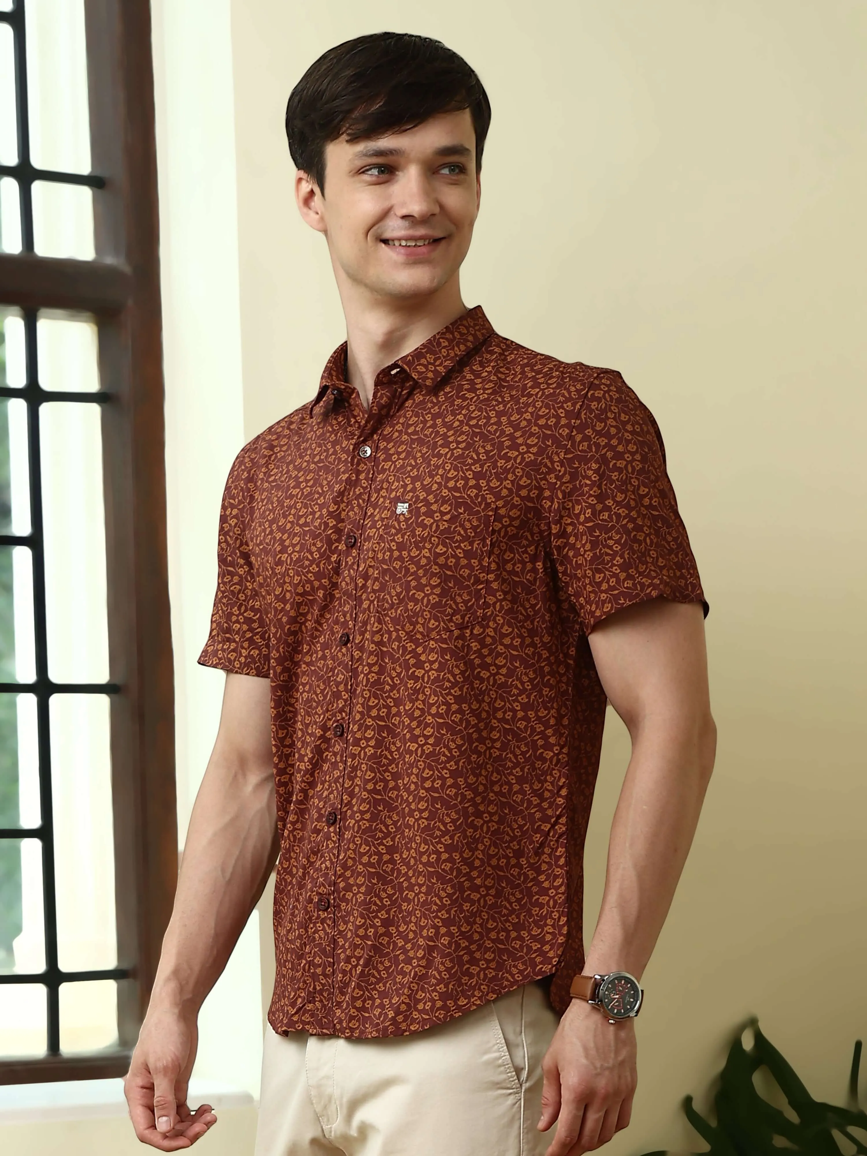 Maroon casual floral AOP half sleeves shirt