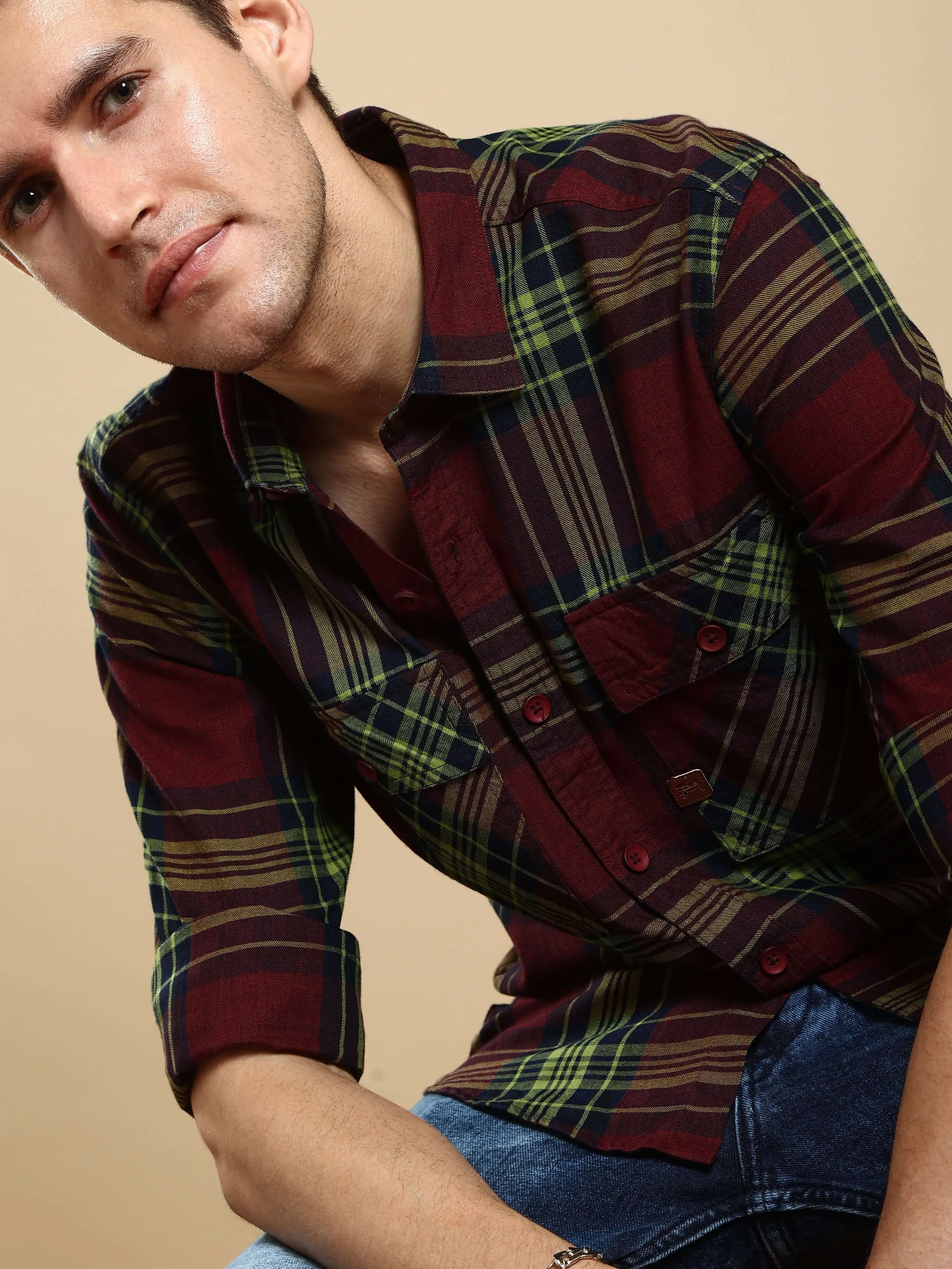 Maroon check casual full sleeve shirt