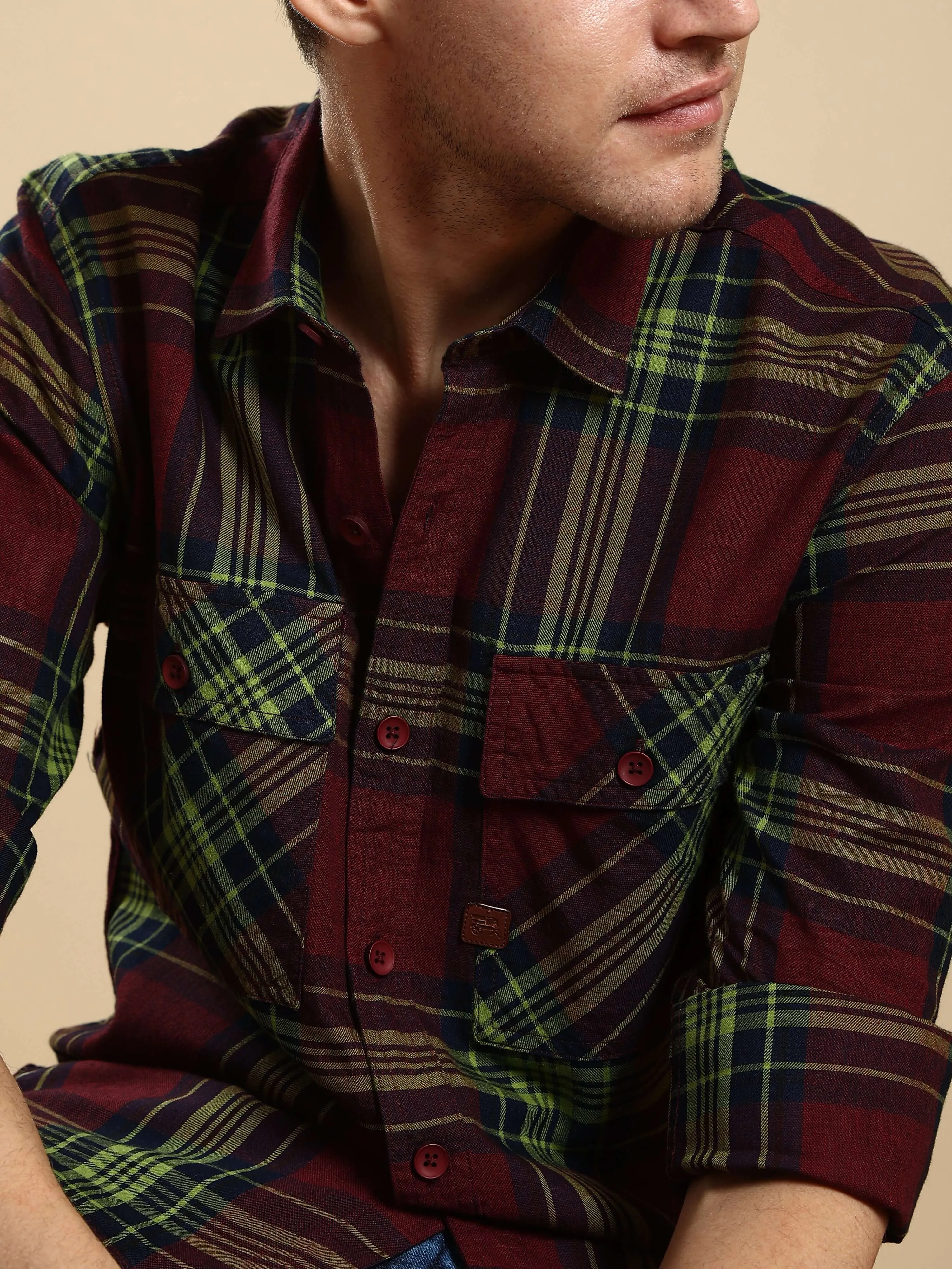 Maroon check casual full sleeve shirt