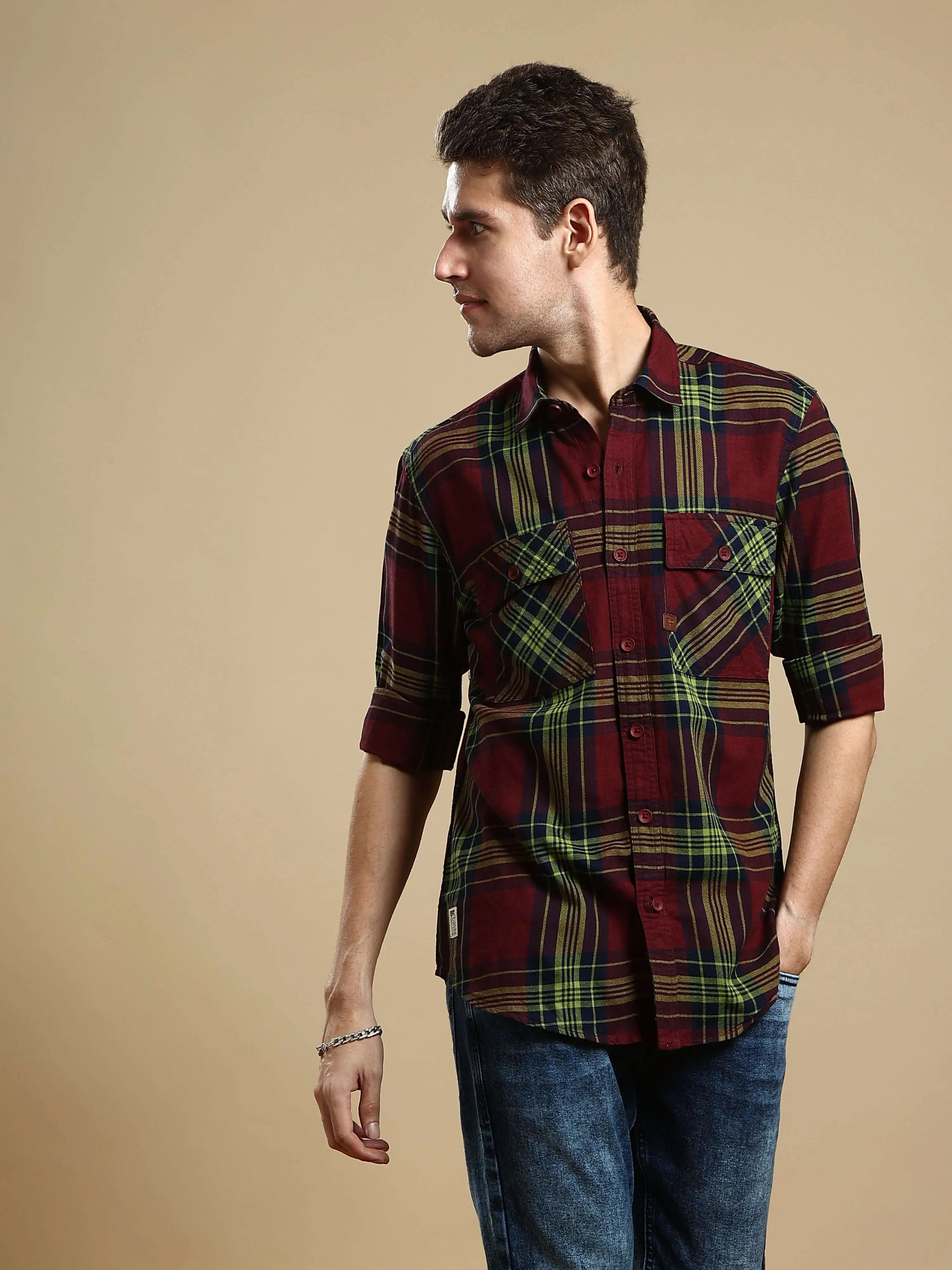 Maroon check casual full sleeve shirt